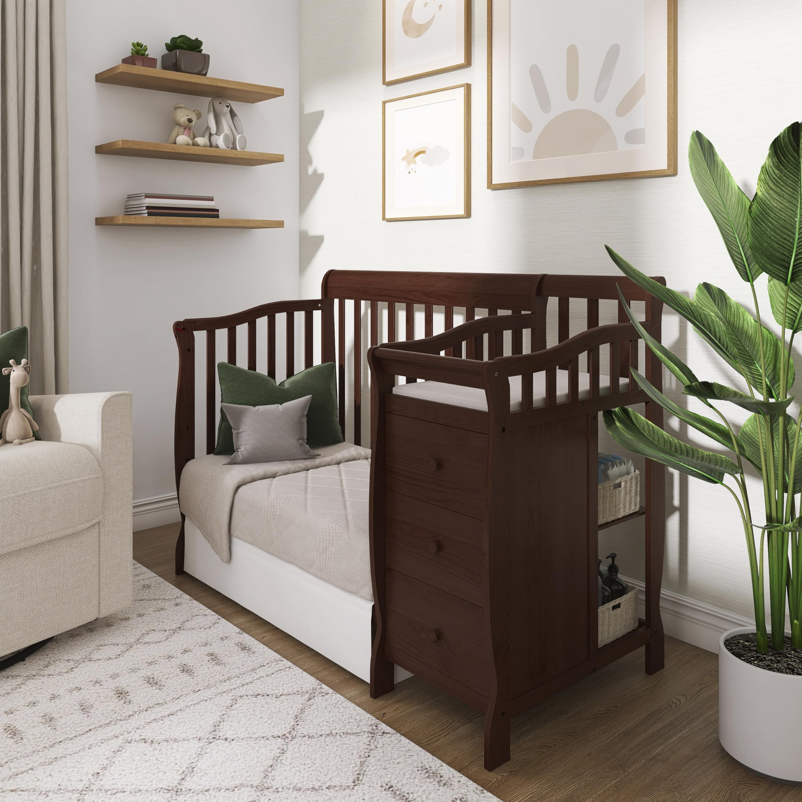 Dream On Me Jayden 4‑in‑1 Mini Convertible Baby Crib & Changer with Storage in Espresso, Pinewood, GreenGuard Gold & BSA, 1” Mattress Pad, 3 Mattress Heights, Converts to Mini Day & Twin-Size Bed