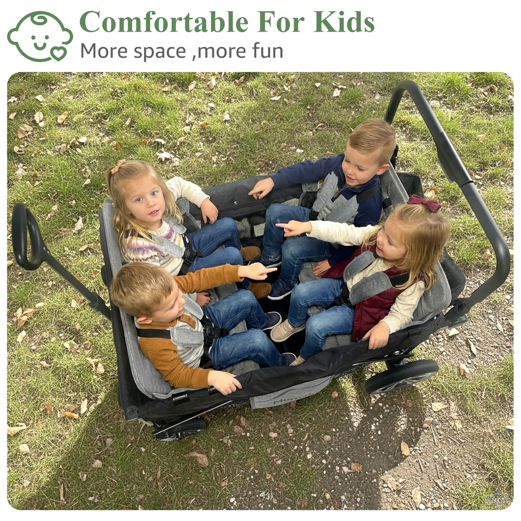 MomZi 4 Seater Wagon Stroller for Kids, Collapsible Wagon Stroller with Removable Canopy, Foldable Stroller Wagon with Seat and Storage Pocket for Baby Toddlers Black