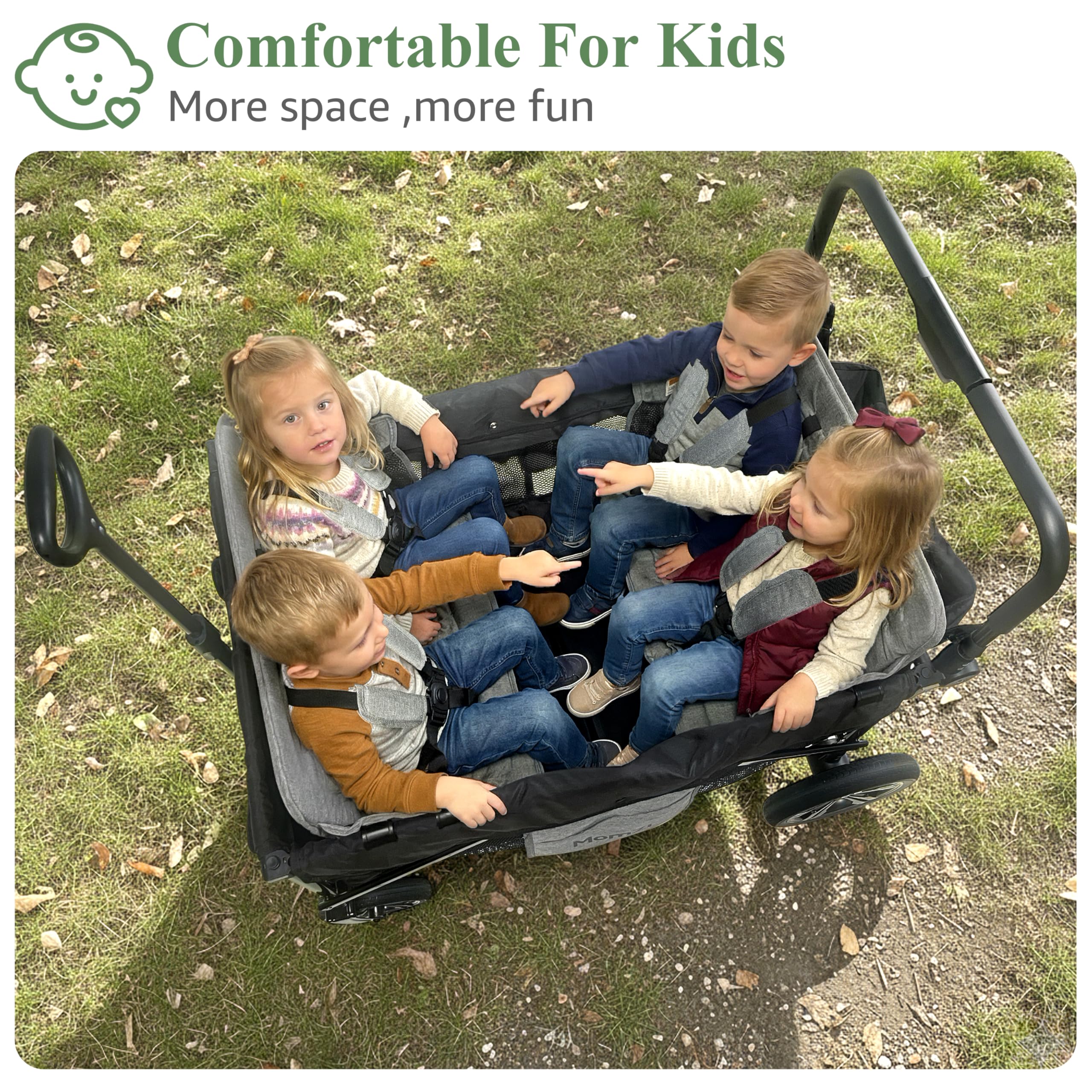 MomZi 4 Seater Wagon Stroller for Kids, Collapsible Wagon Stroller with Removable Canopy, Foldable Stroller Wagon with Seat and Storage Pocket for Baby Toddlers Black