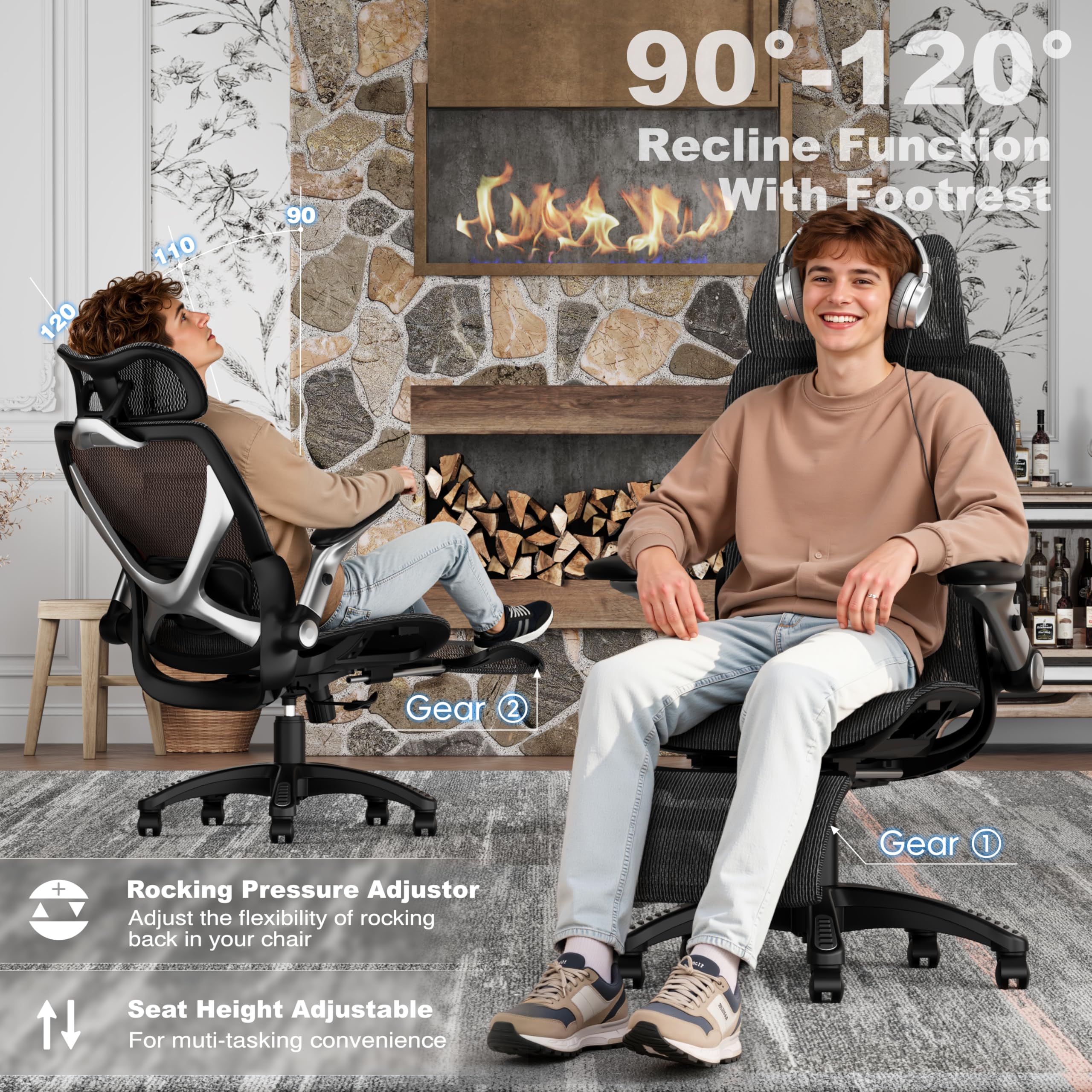 ELABEST X100 Ergonomic Mesh Office Chair with Footrest, Big and Tall Hone Desk Chair with 5D Flip-Up Arms, Adjustable 3D Lumbar Support,Gaming & Executive Computer Chairs