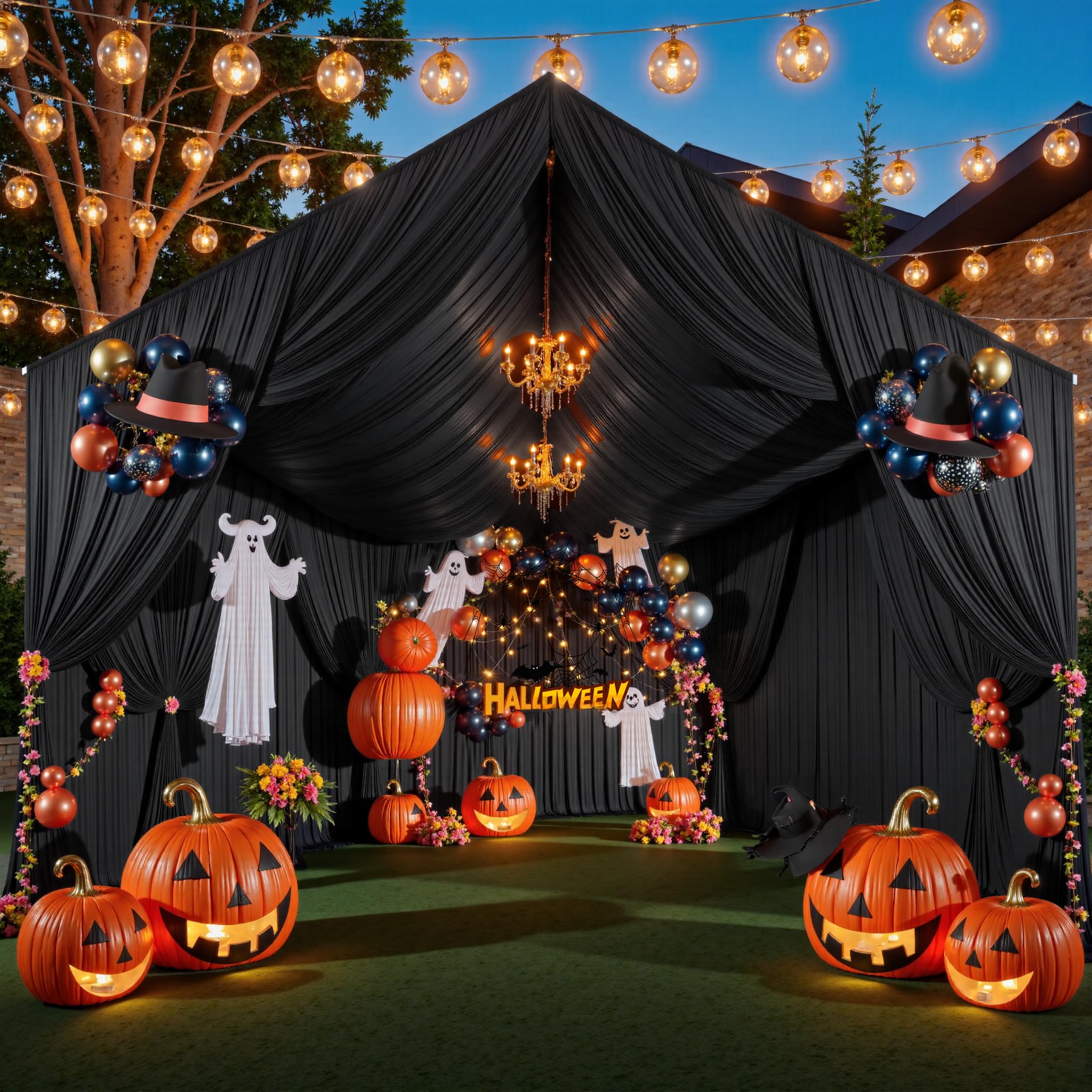 10 Panels 5ftx30ft Black Ceiling Drapes for Halloween Parties – 30 FT Extra Long Thick Polyester Wrinkle-Free Drapery Tent Decor Decorations for Birthday Party Ceremony Stage Swag