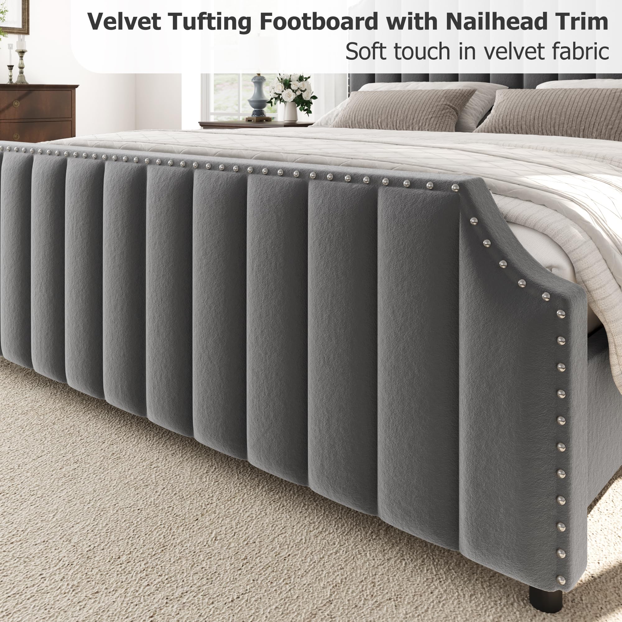 GarveeHome King Size Platform Bed Frame with 50.2 in Headboard, Velvet Upholstered Bed Frame with Vertical Channel Tufted Headboard & Footboard, Nailhead Trim, No Box Spring Needed, Grey
