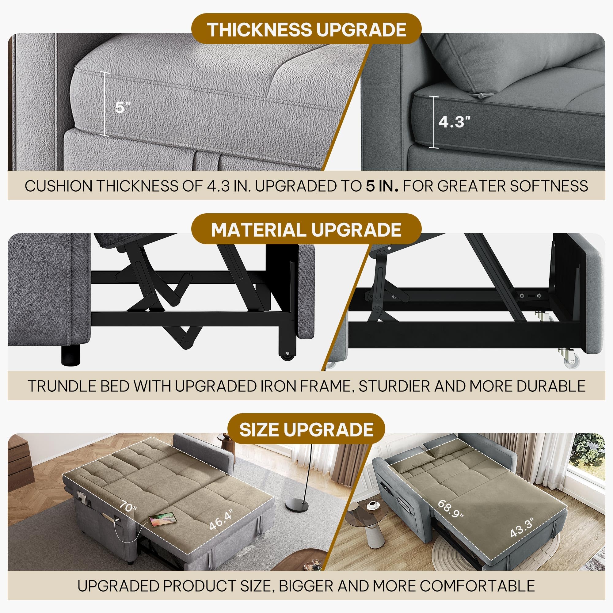 DWVO 55" Convertible Sofa Bed, 3-in-1 Sleeper Sofa with Pull-Out Couch, Velvet Futon Couch with Adjustable Backrest and USB, Modern Loveseat for Living Room Apartment, Light Grey