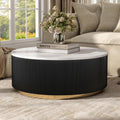 Furniture of America Beryl Modern Round White Genuine Marble Top Coffee Table with Fluted Pedestal Base and Gold Stainless Steel Accent, Low Profile Table for Living Room, Home Office, Black