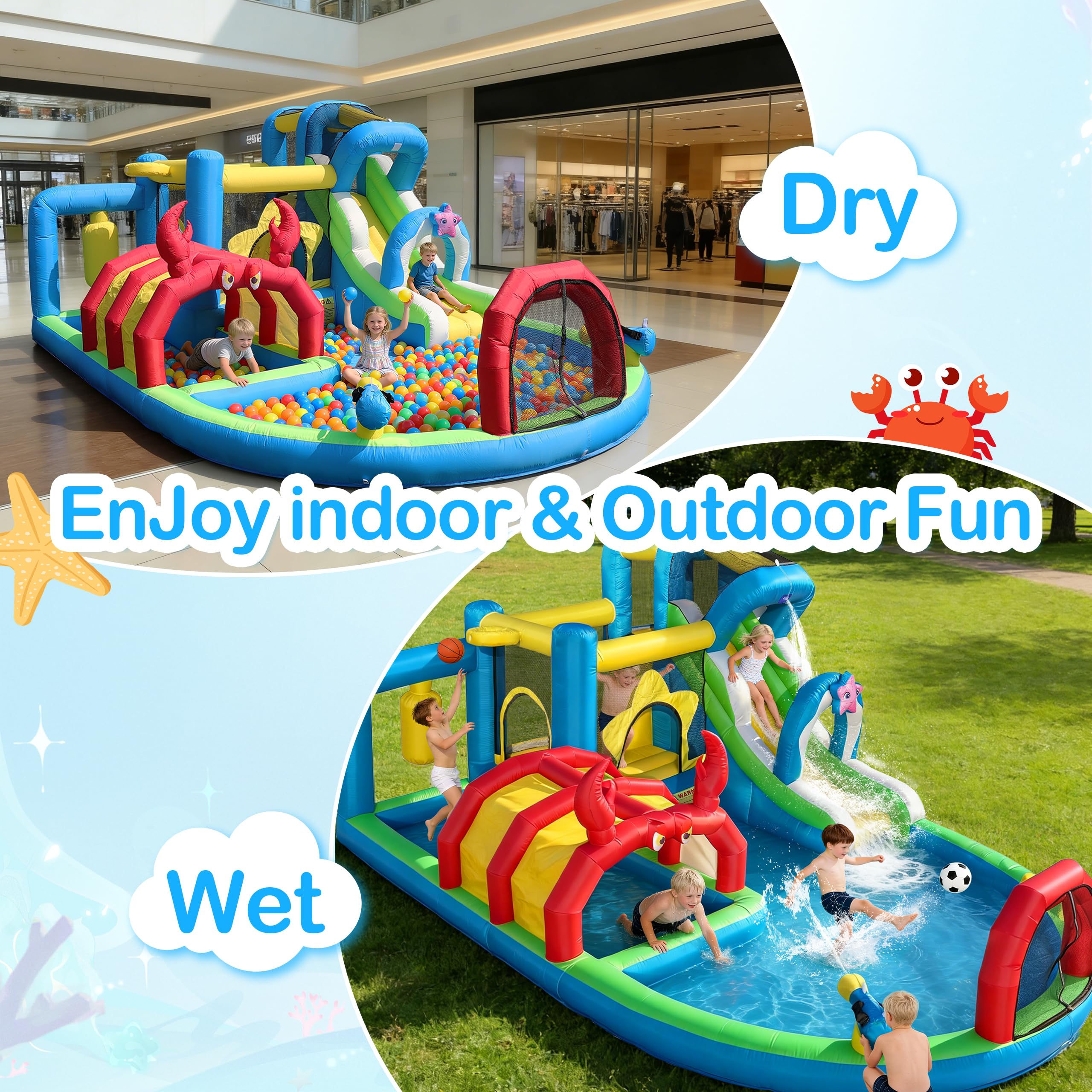 TOAOB Inflatable Water Slide for Kids 3-12: 8 in 1 Ocean-Themed Blow Up Backyard Water Park with 550W Blower for Outdoor Birthday Party