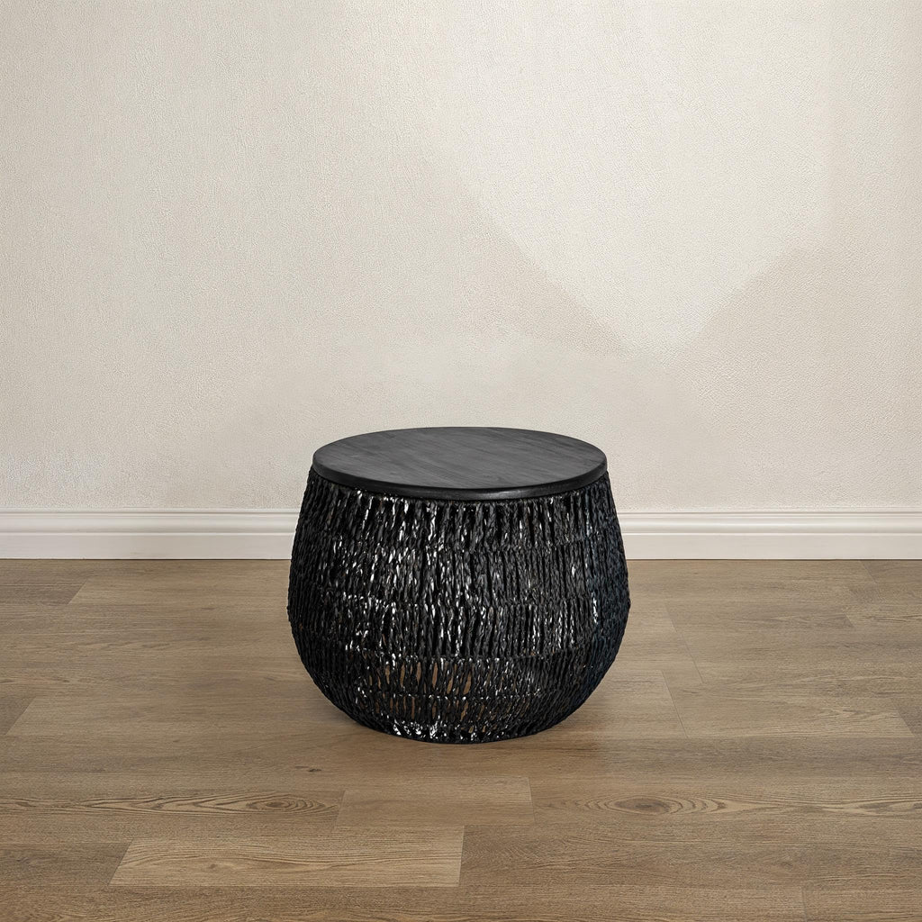 Bloomingville Hand-Woven Seagrass and Pine Wood Round Side Table, Black