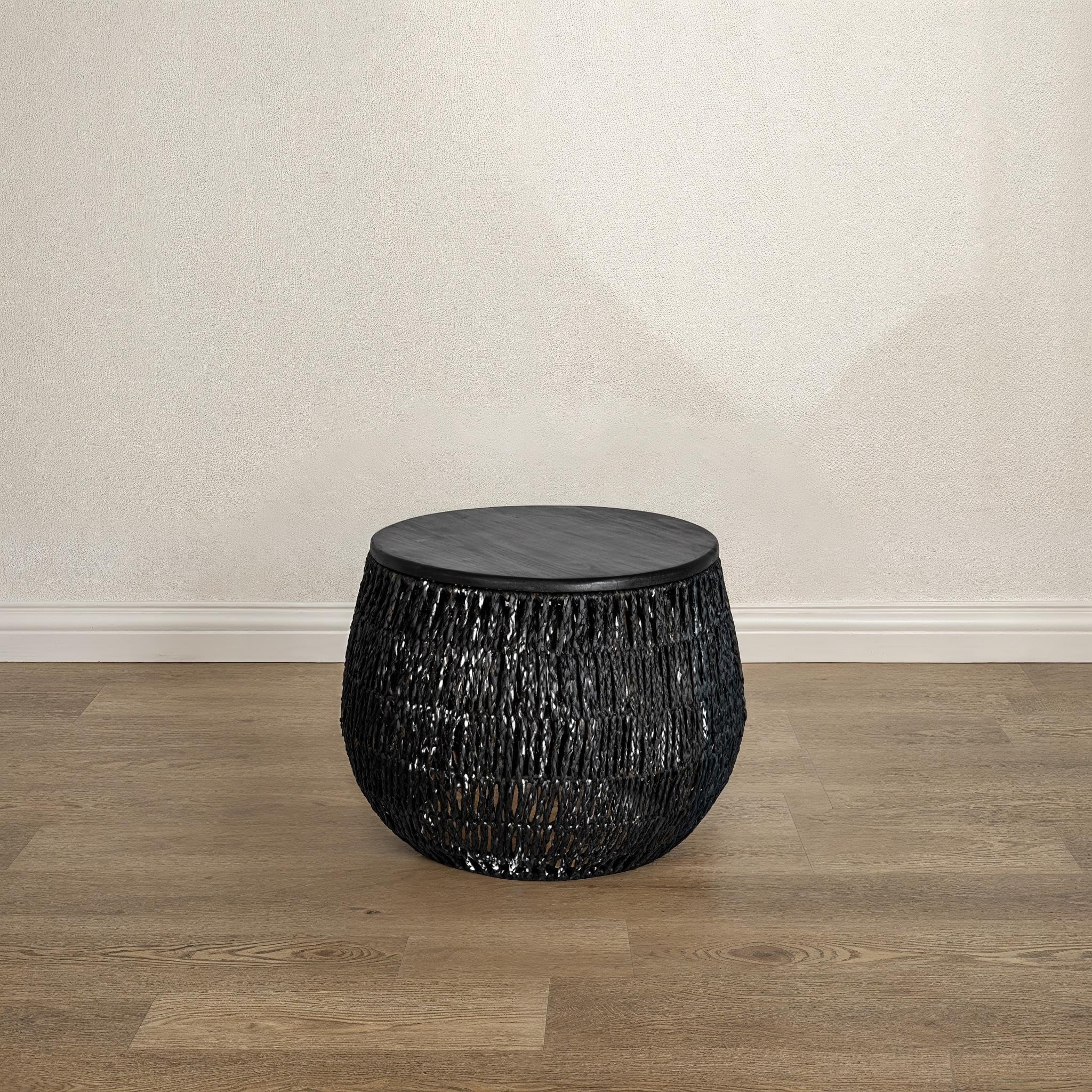 Bloomingville Hand-Woven Seagrass and Pine Wood Round Side Table, Black