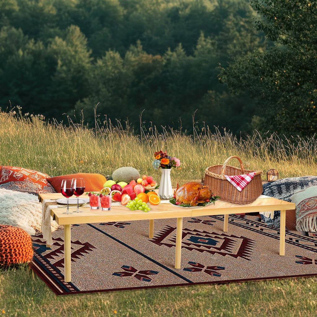 Folding Picnic Table with Table Runner, Portable Boho Low Picnic Table for Indoor Outdoor, 60" x 30" Wooden Table with Adjustable Heights for Camping, Wedding, Beach, Garden, Party(Large Size for 6)