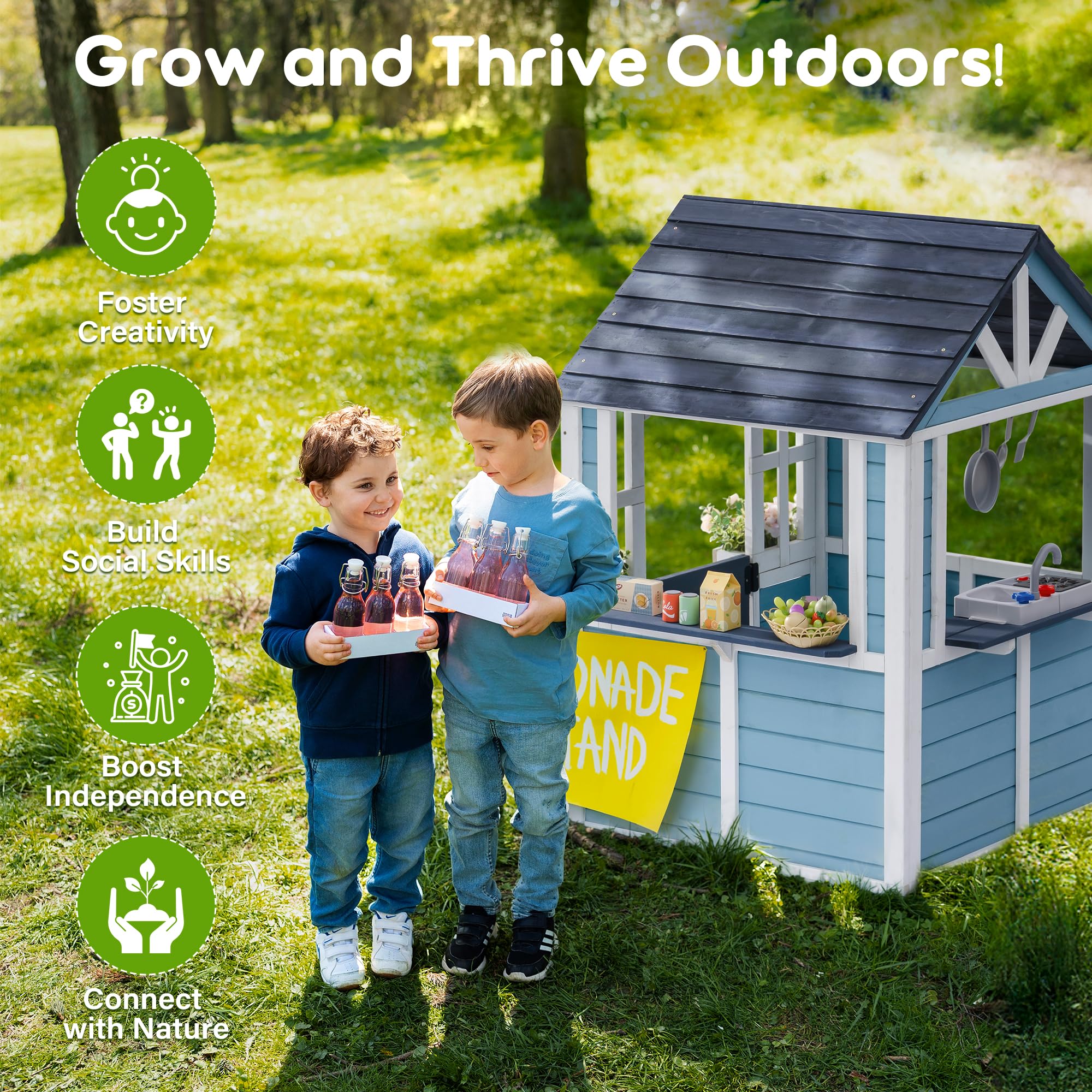 ROBUD Wooden Playhouse, Outdoor Kids Playhouse with Sink, Stove, Cookware, Flowerpot Holders, Snack Bar, Cottage Play House for Backyard, Blue