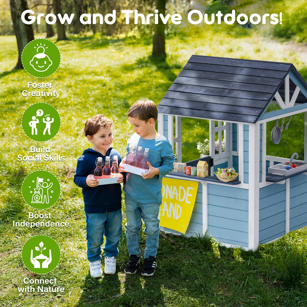 ROBUD Outdoor Playhouse, Wooden Play House for Kids Outdoor with Snack Bar, Flowerpot Holders, Sink, Stove, Cookware, Outdoor playset for Kids Ages 3+