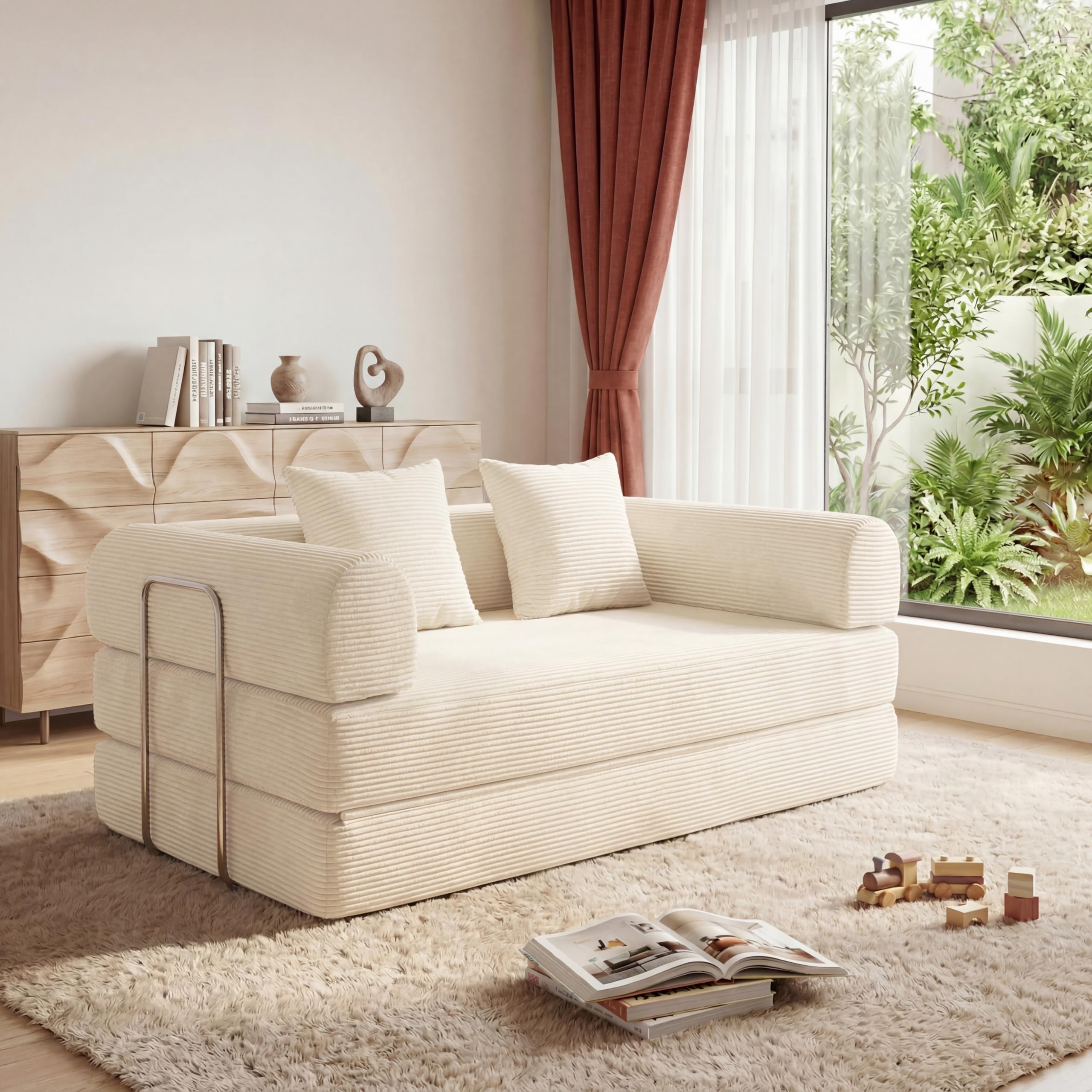 HouseMila 59" Boneless Couch,4-in-1 Futon Sofa Bed Modular Loveseat Sleeper Folding Compressed Couch with Pillows,No Assembly Required Convertible Sofa Bed for Living Room Bedroom Guest Room,Beige
