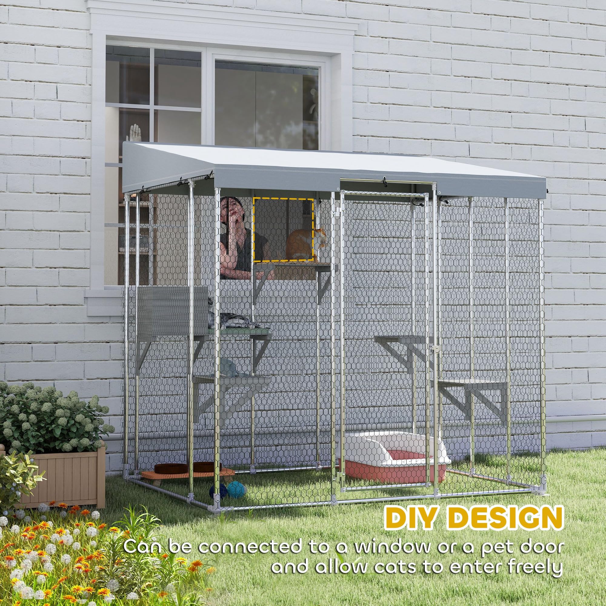 PawHut Catio Outdoor Cat Enclosure, 79" Large Walk-in Cat House with Waterproof Cover, Resting Box, 5 Jumping Platforms, Chicken Run Coop, Rabbit Hutch, Feral Cat Shelter Sloped Roof