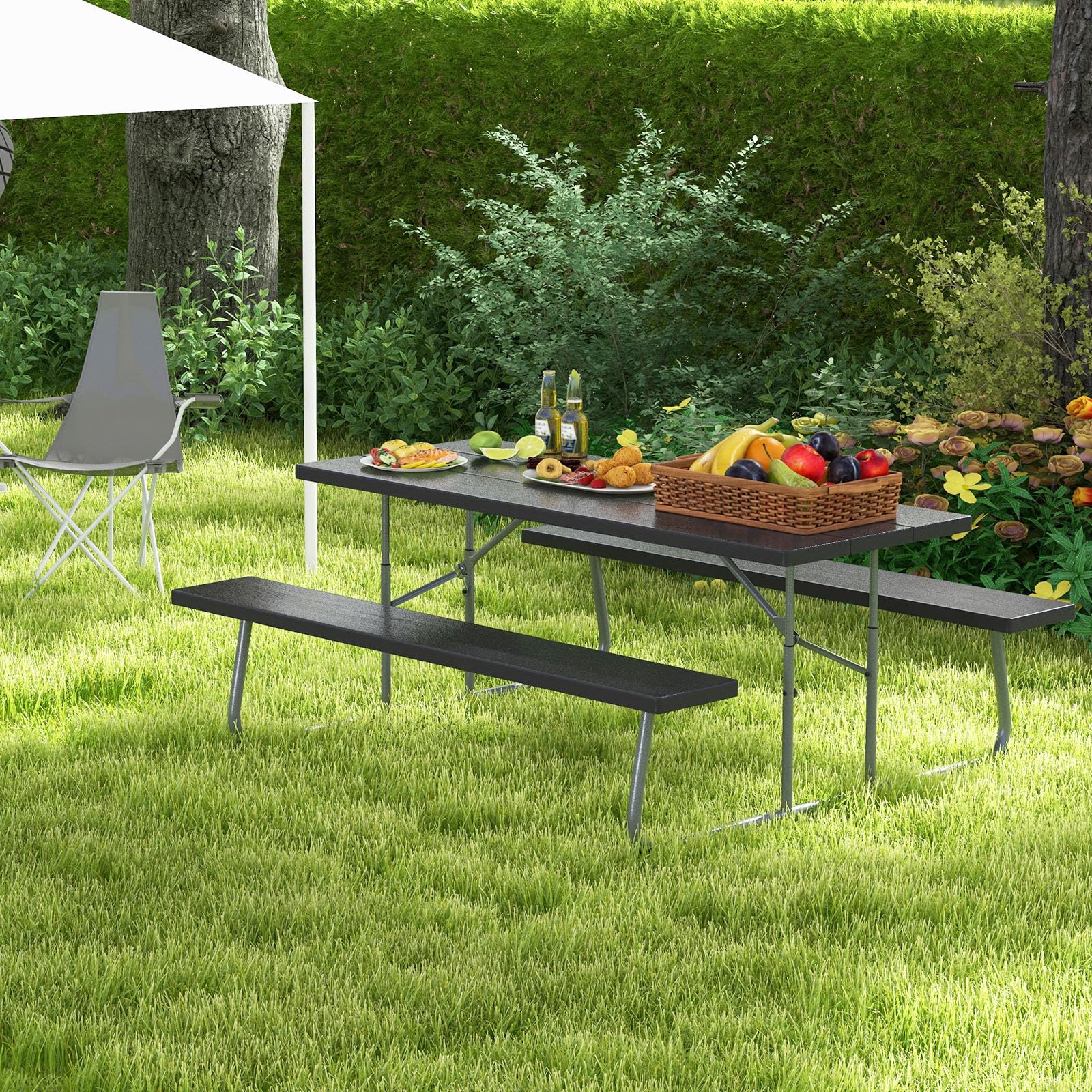 Tangkula 6 Ft Folding Picnic Table, Outdoor 8 Person Large Picnic Table Set with 2 Built-in Benches, Umbrella Hole, Metal Frame & HDPE Tabletop for Garden, Backyard (Black)