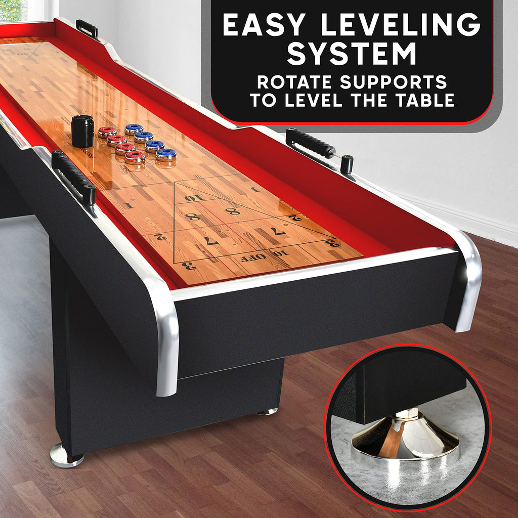 Shuffleboard Table, 9ft Poly Coated Surface, with Accessories, Abacus Style Scoring, Fast Puck Action Play, Indoor and Outdoor Portable Arcade Shuffle Board Game Table for Kids and Adults