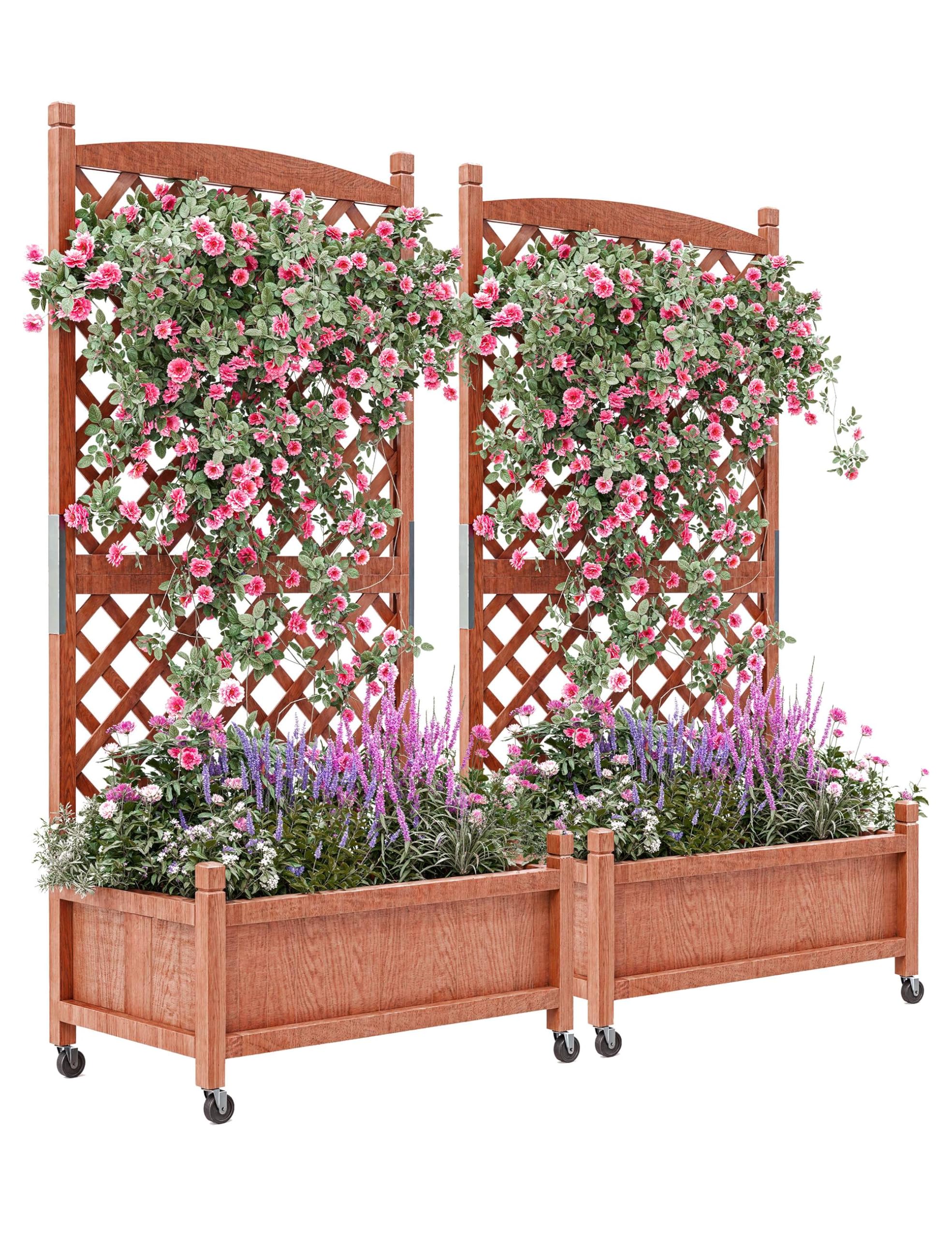 29.5 in x 13 in x 61.5 in Wood Planter Box With Trellis For Plant & Flower, Raised Garden Bed With Wheels, Standing Vertical Horticulture Trellis Planter With Drainage Holes for Patio Garden, 2PCS