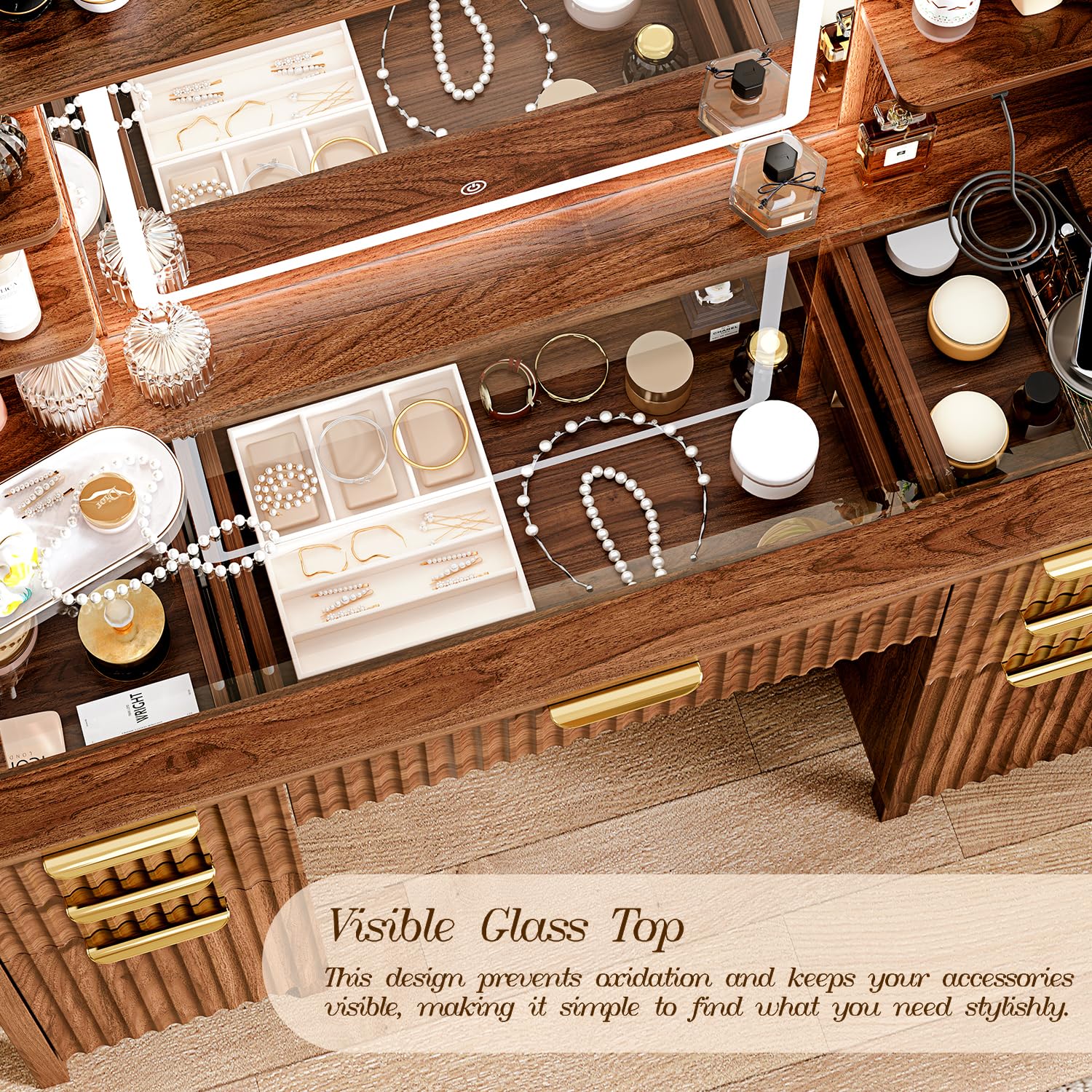 Vanity Desk with Large 27.2" Mirror and Lights 47.2" Fluted Makeup, 5 Drawer Vanity with Power Strip, 4 Open Shelves, 2 Cabinet, Modern Bedroom Vanity Featuring Visual Transparent Glass. Brown