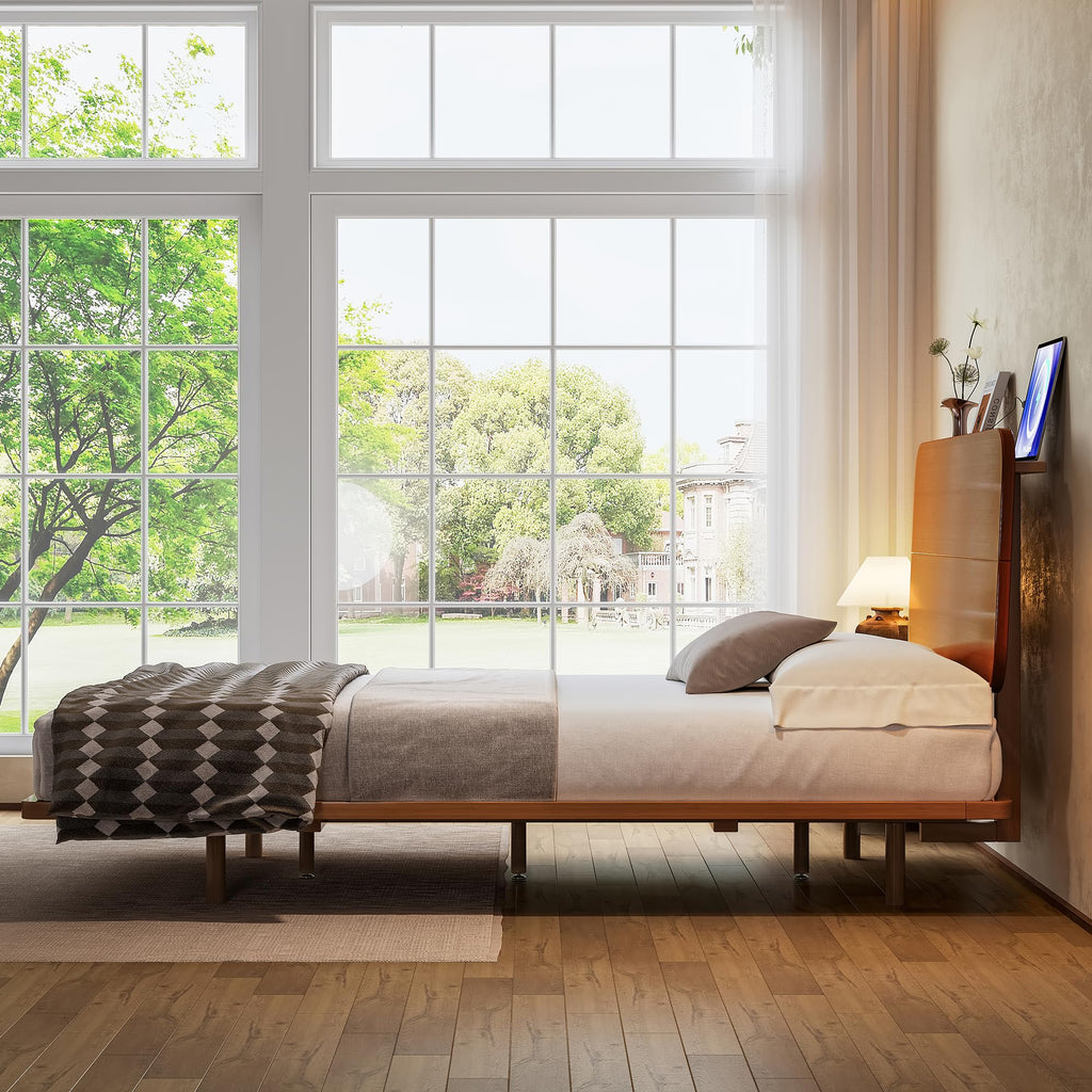KEIKI Queen Size Bamboo Platform Bed with Headboard and USB Ports, Mid-Century Modern Floating Bed Frame with Solid Support Slats, No Box Spring Needed, Easy Assembly, Noise Free, for Bedroom, Brown