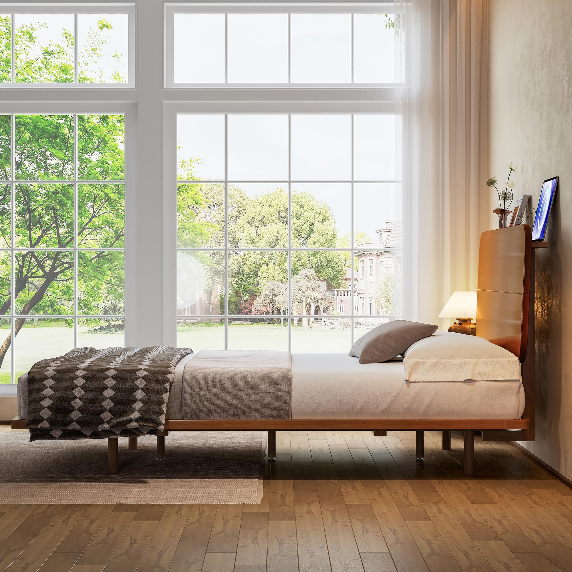 KEIKI Queen Size Bamboo Platform Bed with Headboard and USB Ports, Mid-Century Modern Floating Bed Frame with Solid Support Slats, No Box Spring Needed, Easy Assembly, Noise Free, for Bedroom, Brown