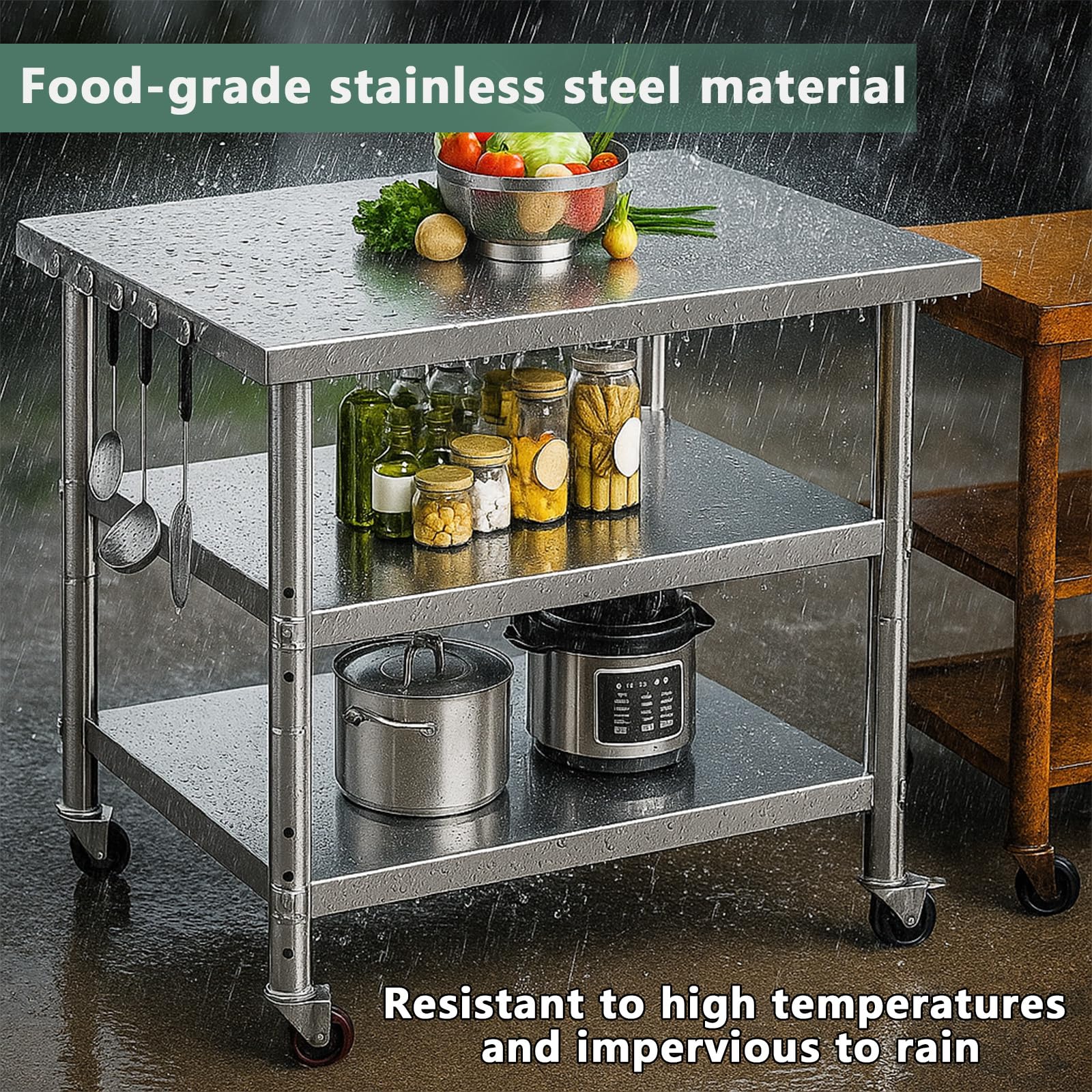 Stainless Steel Table with Wheels for Food Preparation and Work, Multi-Size Optional, Three-Layer Variable Two-Layer Metal Commercial Workbench Outdoor, Restaurant, Kitchen (72" Lx24 Wx34 H)