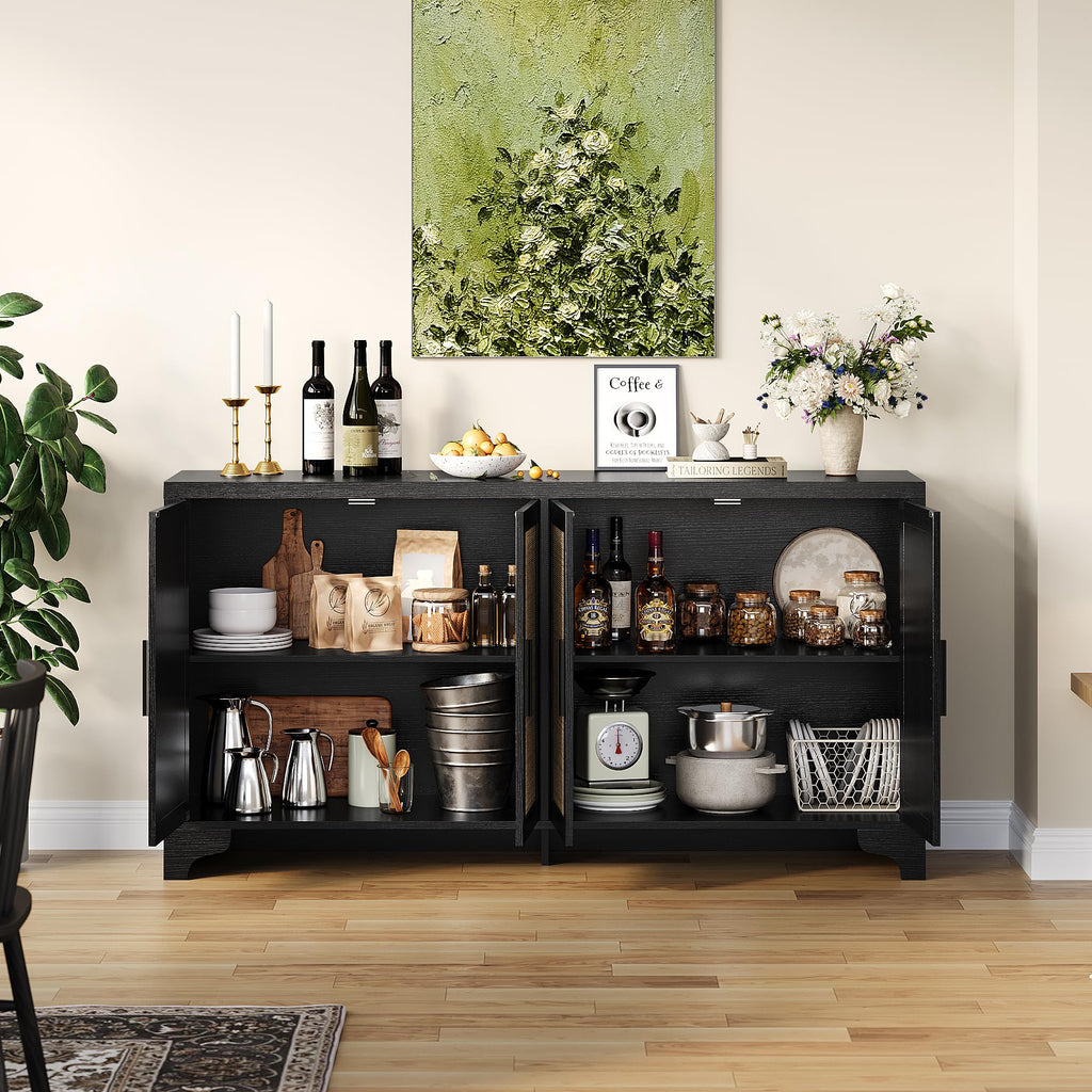 Farmhouse Large Sideboard Buffet with Natural Rattan Doors, 4-Door Storage Cabinet for Kitchen, Living Room, or Entryway, Spacious Storage Solution, Rustic Accent Cabinet for Home Organization