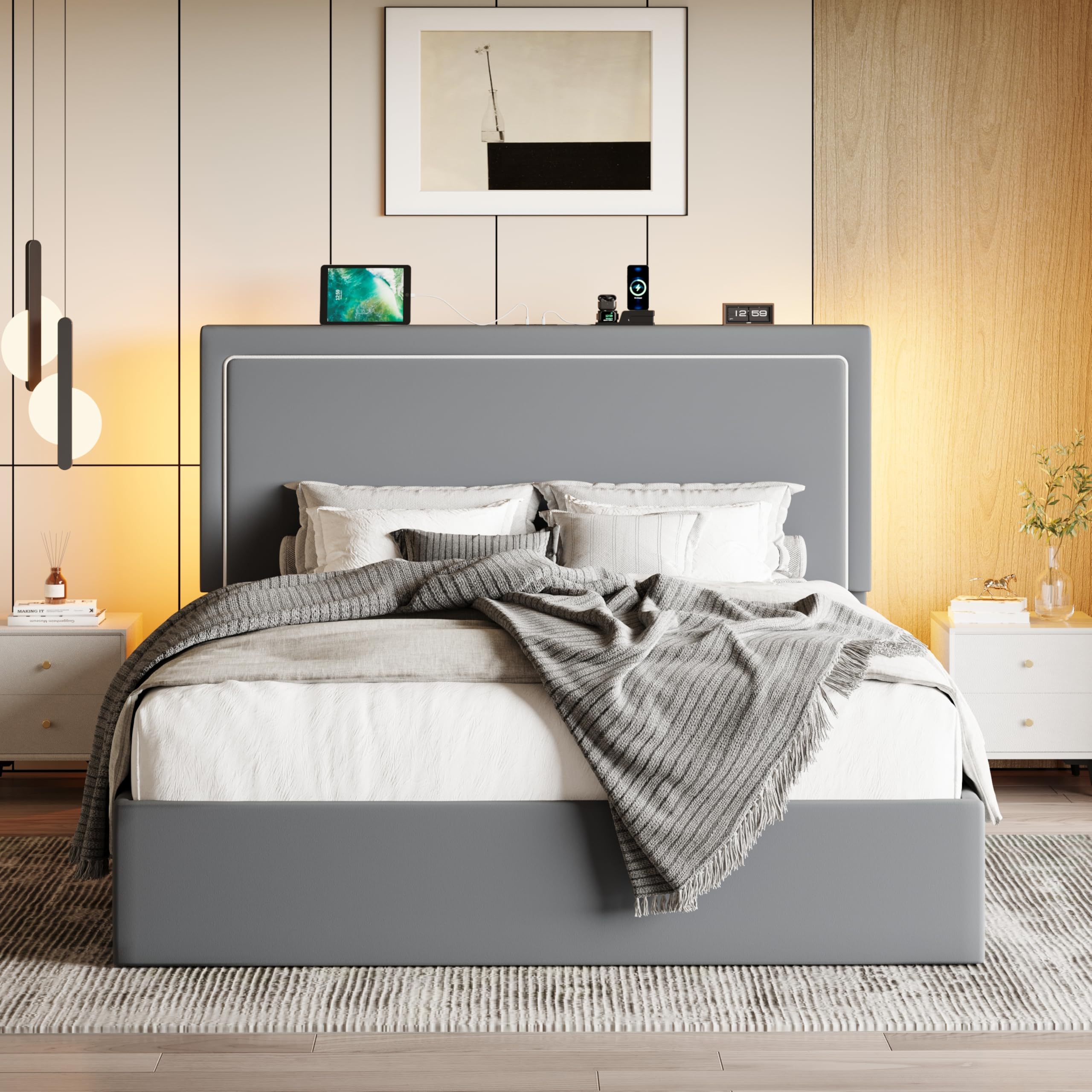 SHA CERLIN Queen Size Hydraulic Lift-Up Storage Platform Bed Frame with Charging Station, RGB LED Lights, Adjustable Velvet Headboard, USB-A and USB-C Ports, No Box Spring Needed, Grey