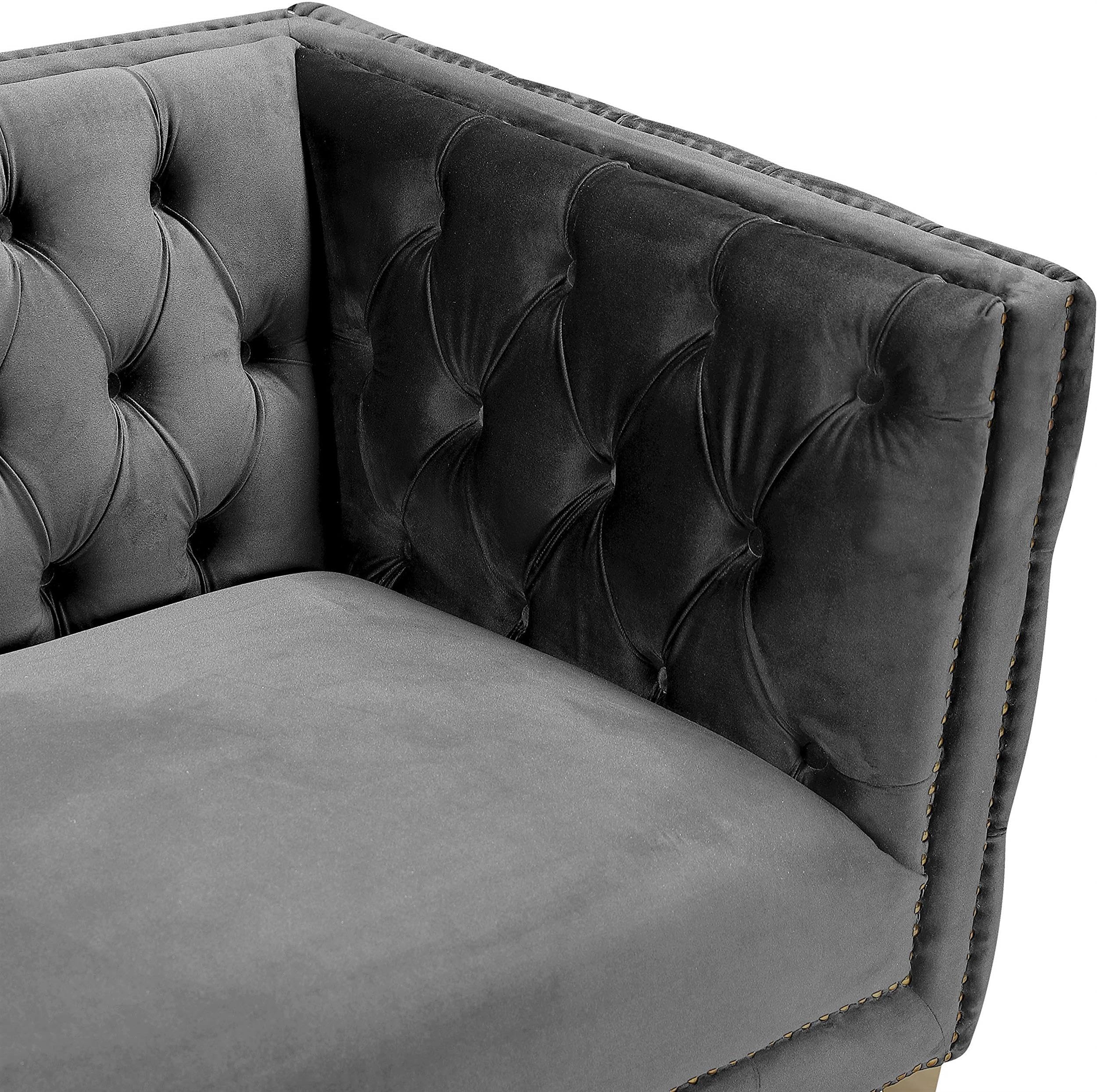 Meridian Furniture 652Grey-C Michelle Collection Modern | Contemporary Chair with Deep Button Tufting, Gold Nailhead Trim and Sturdy Gold Iron Legs, Grey Velvet, 44" W x 34" D x 30" H