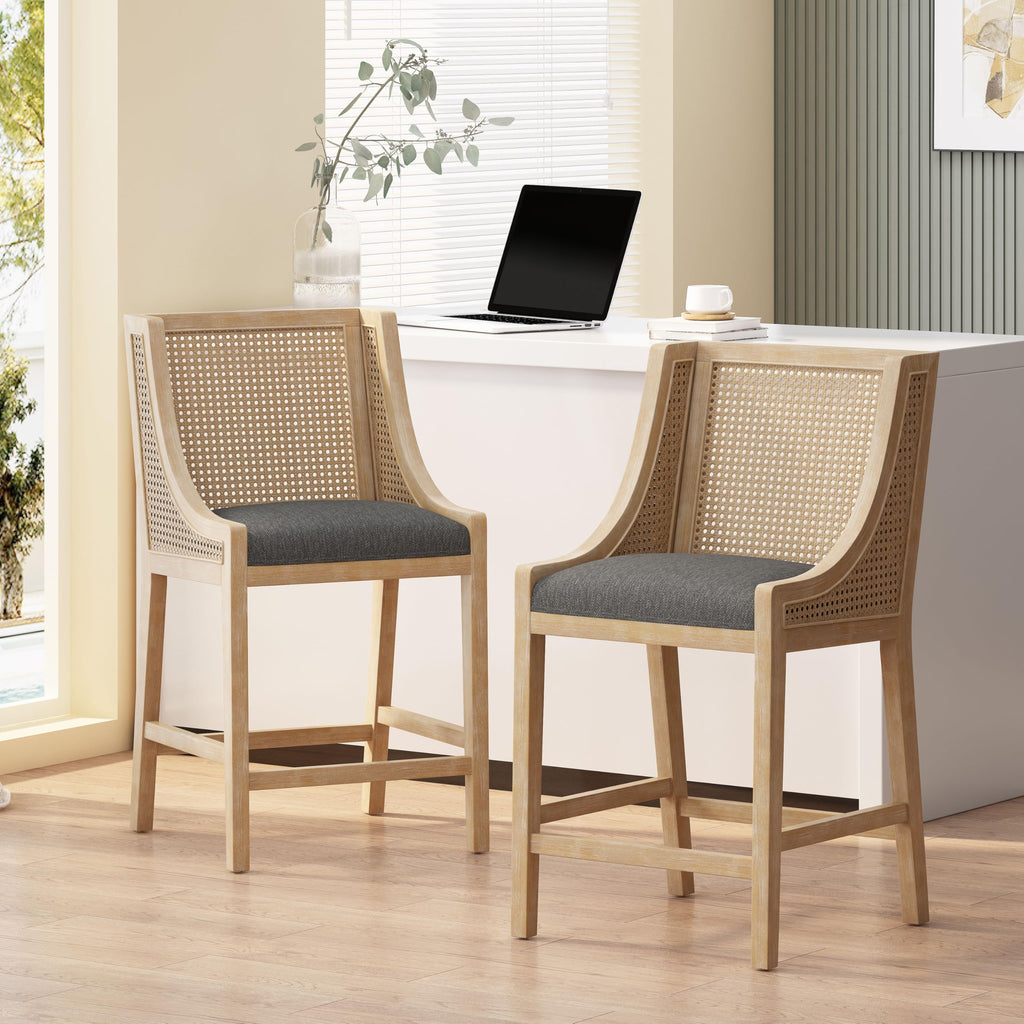 Merax 25.5" Fabric Upholstered Wood and Cane Counter Stools with Backrest,Set of 2,French Country Barstools Chair