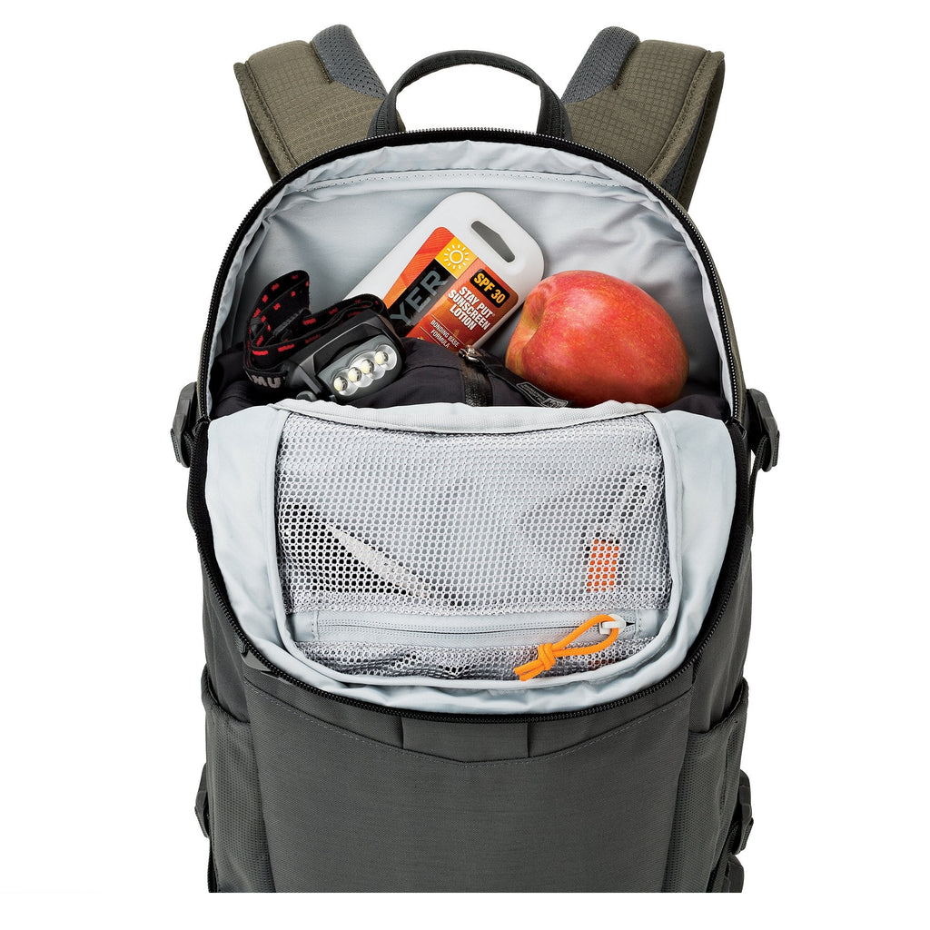 Lowepro LP37015-PWW, Flipside Trek BP 350 AW Backpack for Camera, Stores DSLR with Lens Attached, Extra Lenses, Tripod, 10 Inch Tablet Grey/Dark Green