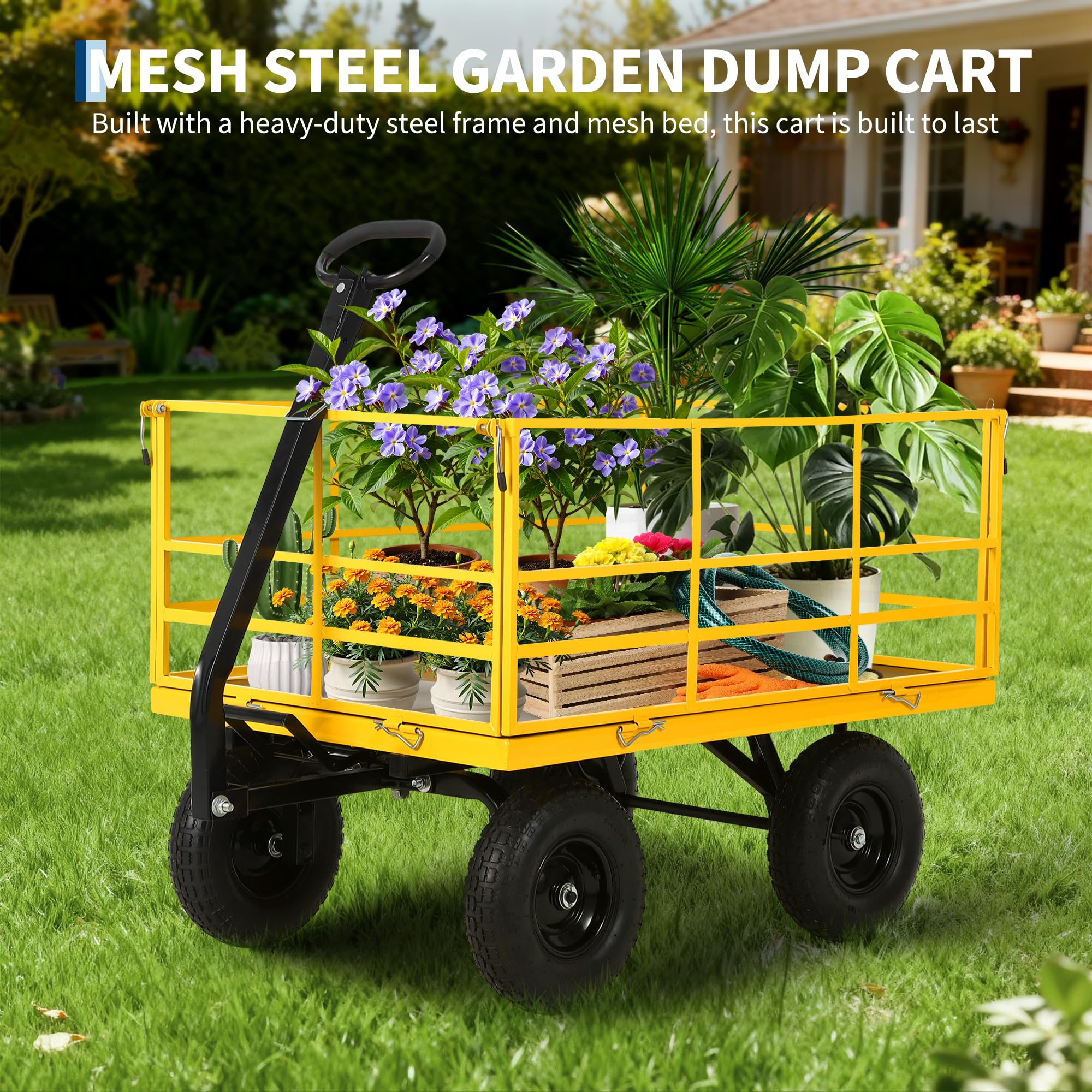 Patikuin 1500 lbs Heavy Duty Steel Garden Cart – 4-in-1 Utility Wagon – Removable Mesh Sides – 13-Inch All-Terrain Wheels – Quick Dump – Outdoor Yard Wagon for Tools, Soil, Plants – Yellow