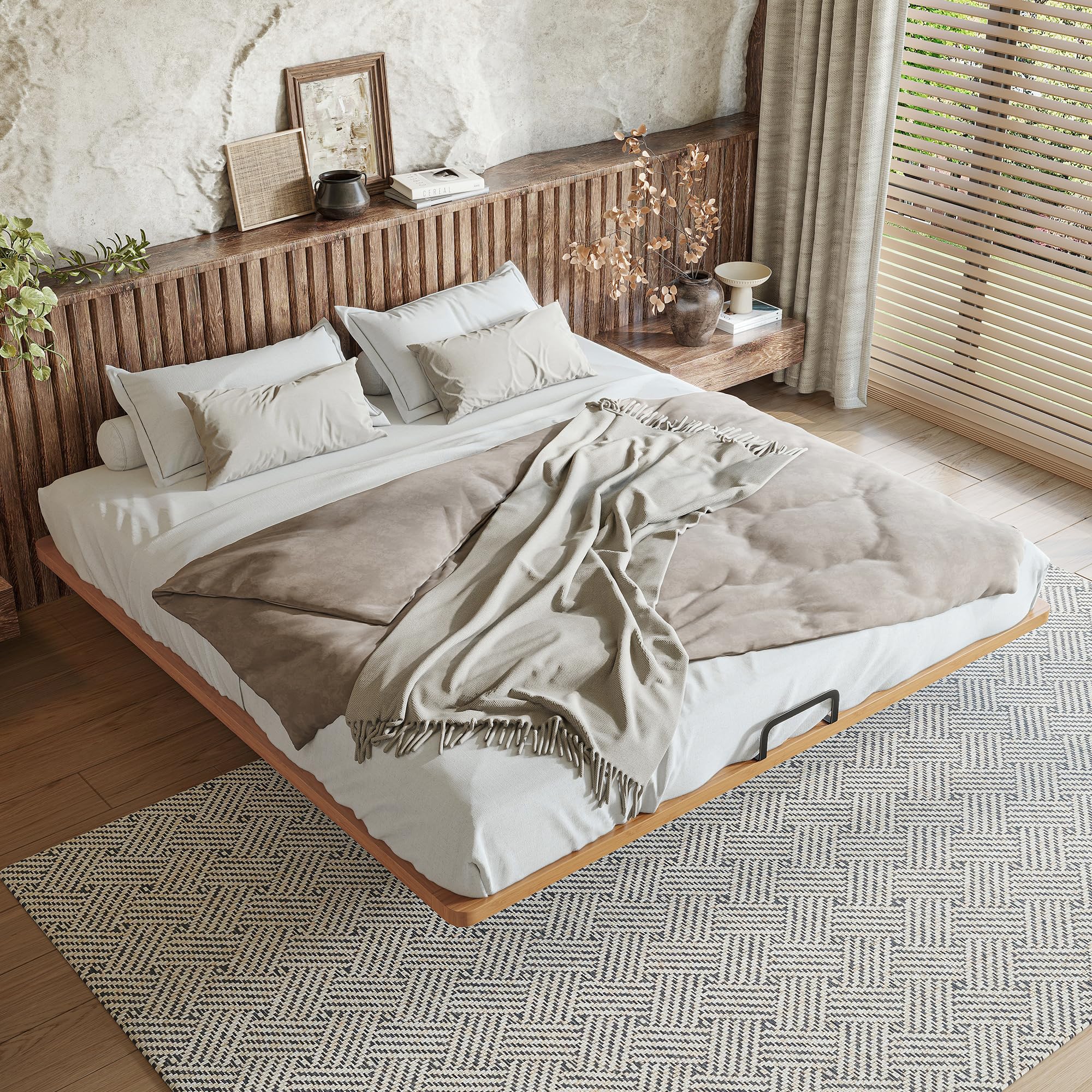 KEIKI King Size Bamboo Platform Bed, Mid-Century Modern Style Floating Bed Frame with Wooden Solid Support Slats, No Box Spring Needed, Easy Assembly, Noise Free, for Bedroom, Guest Rooms, Natural