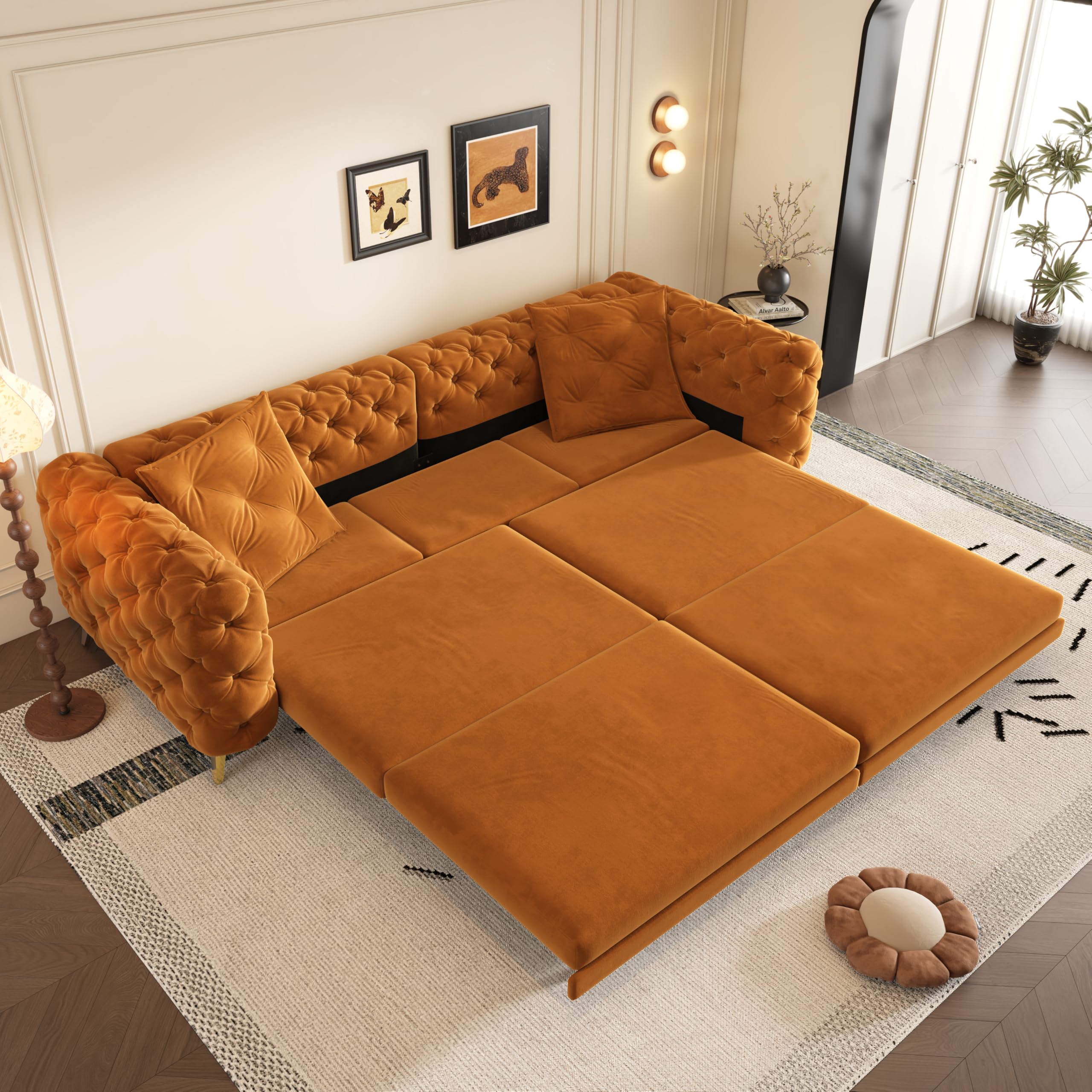 KEIKI 97.7" Convertible Sleeper Sofa Bed, 3 in 1 Pull Out Sofa Bed, 4-Seater Button Tufted Couch with Movable Ottoman for Living Room, Bedroom, Apartment, Orange
