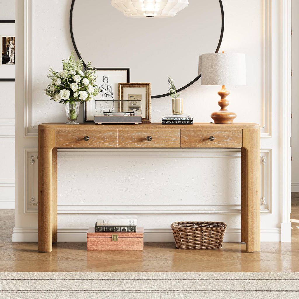 Merax 52" Console Table with 3 Drawers, Rustic Entryway Table with Curved Corners, Narrow Long Sofa Table for Living Room, Hallway, Entrance, Behind Couch, Foyer, Sturdy Thick Legs, Natural