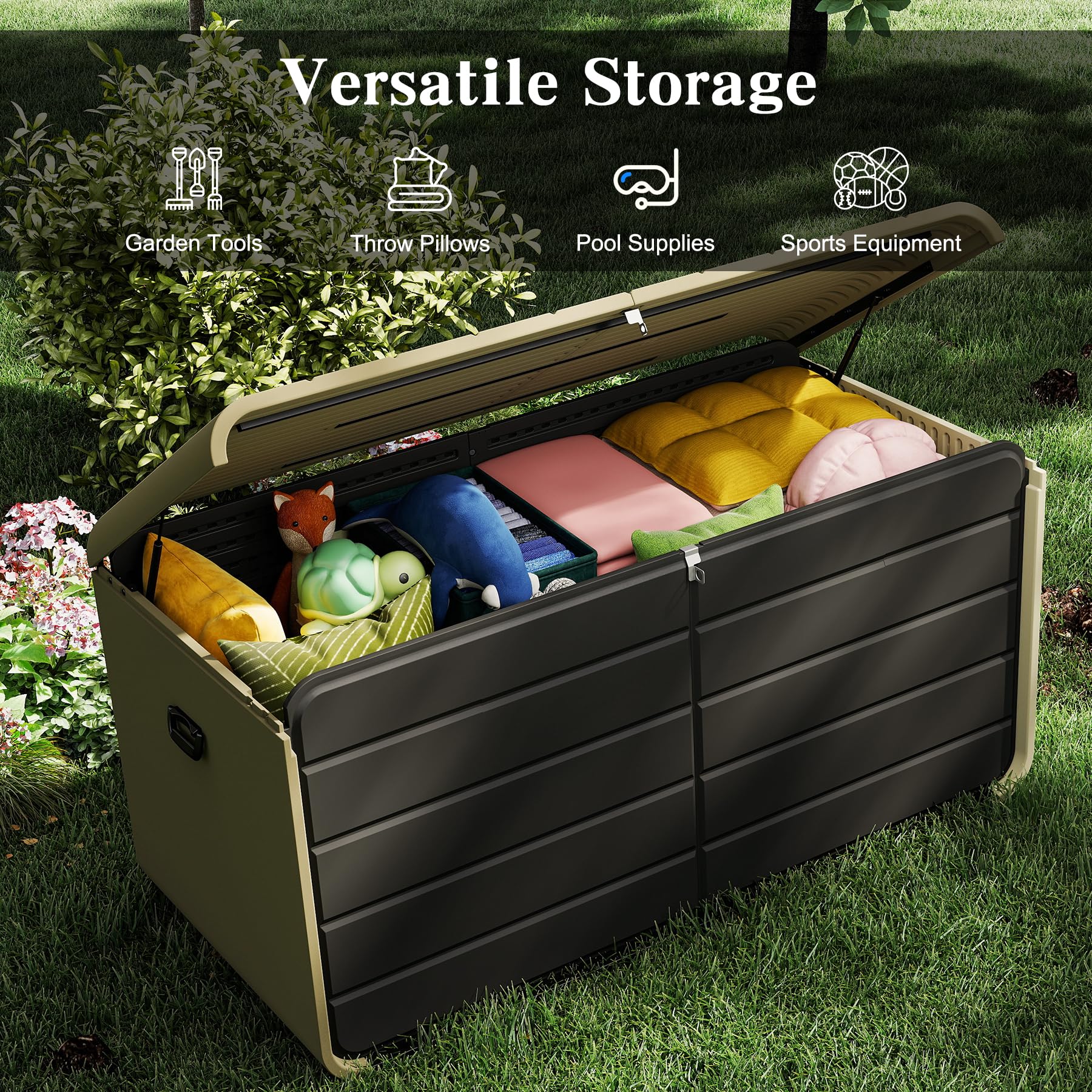 Domi 260 Gallon Resin Deck Box, Waterproof & UV-Resistant Outdoor Large Storage Box Lockable Storage Bin for Patio Cushions Pool Supplies Garden Tools and Delivery Storage