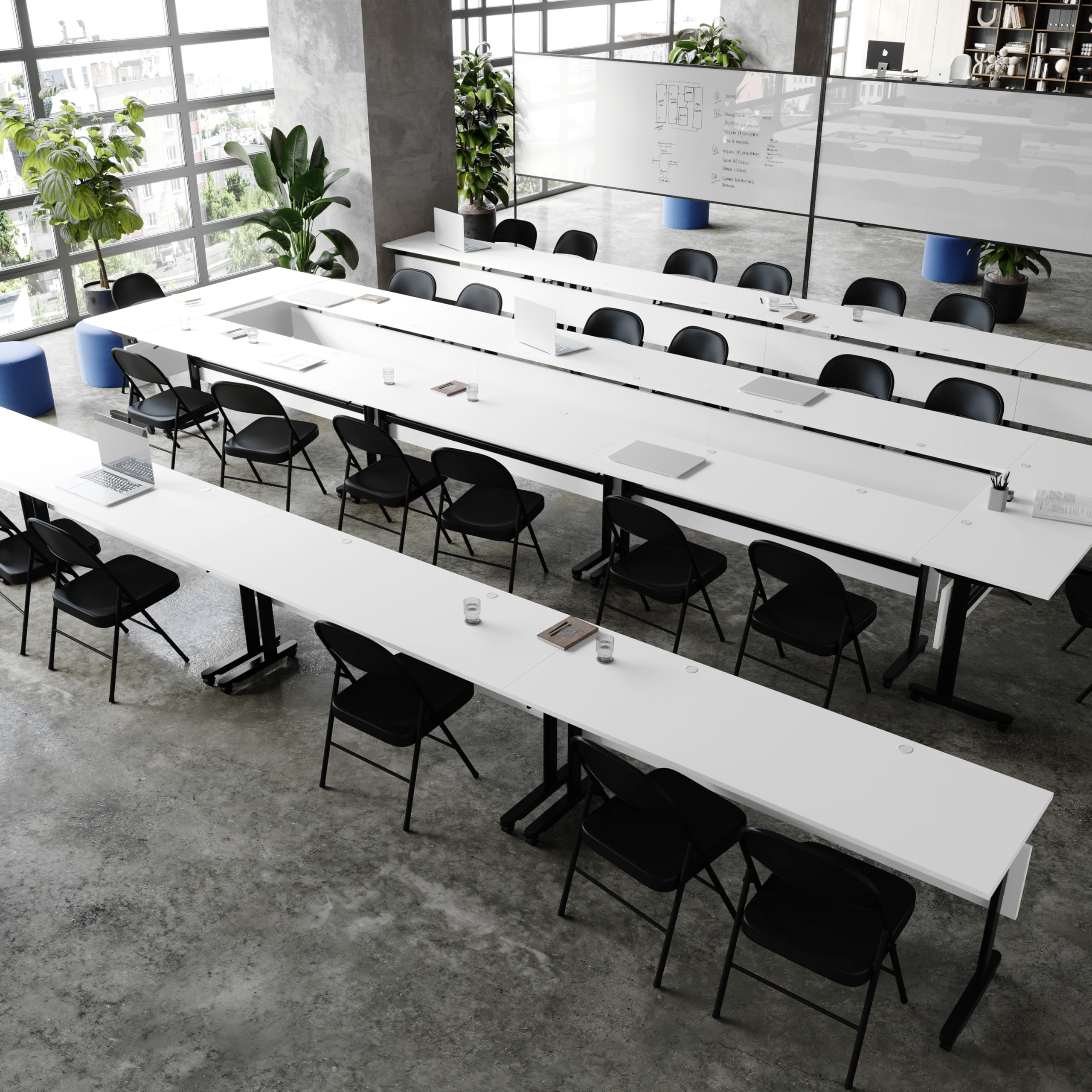 Flash Furniture Palmer Commercial Nesting Flip Training Table, Heavy-Duty Steel Frame and T-Legs, Modesty Panel, 1" Thick Tabletop, 72" x 24", White Top/Black Frame