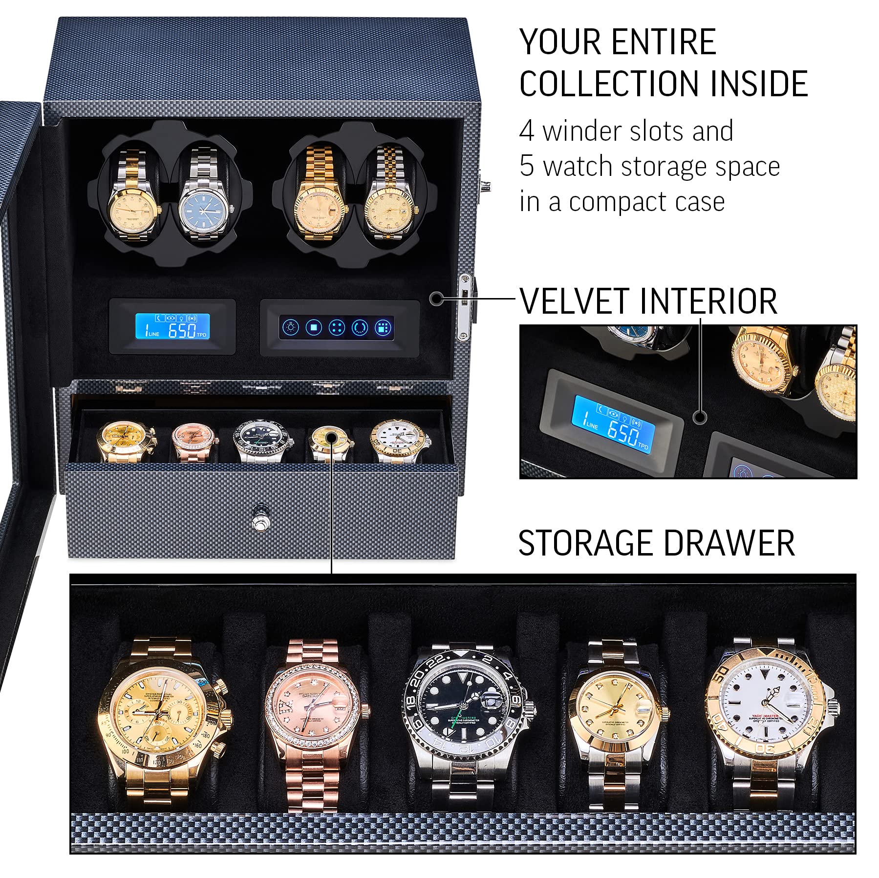 4 Watch Winder with 5 Watch Storage Space, LCD Display, Touch Control and Interior Light (Black + Black)