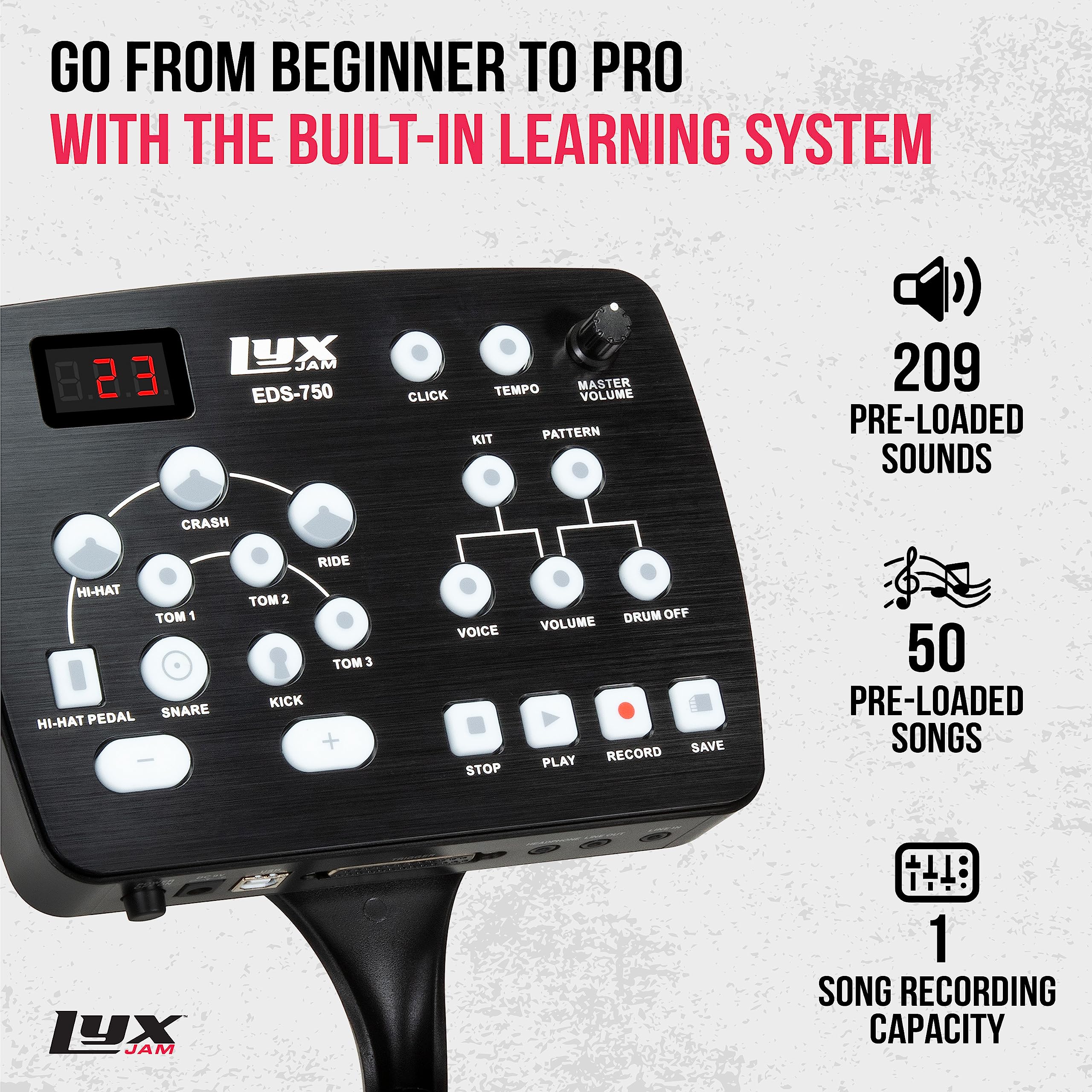 LyxJam 7-Piece Electronic Drum Kit, Professional Drum Set with Real Mesh Fabric, 209 Preloaded Sounds, 50 Play-Along Songs, Recording Capability, Cymbals & Kick Pedal, Drum Sticks And Key Included