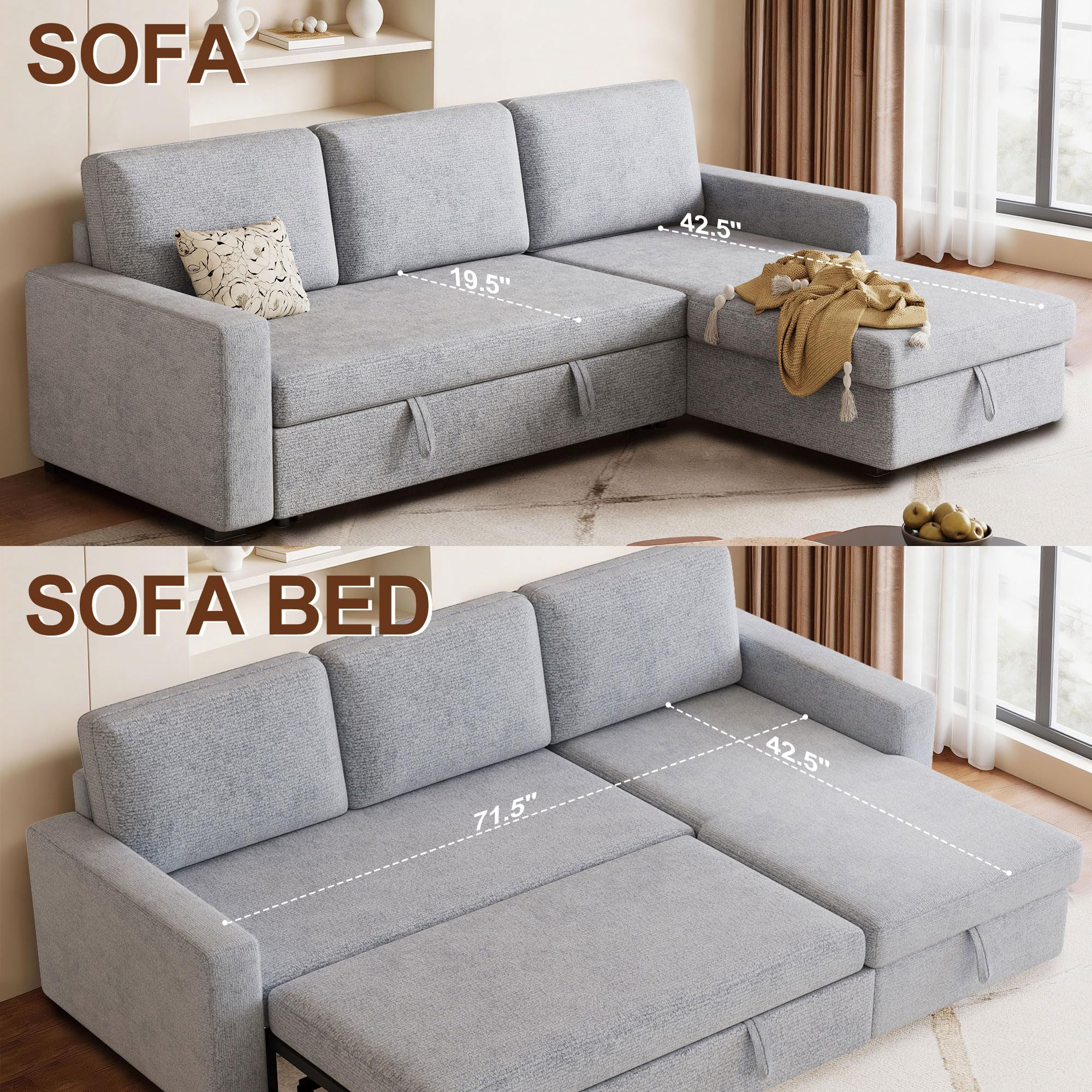 FAVSH 81.5" Convertible L Shaped Sleeper Sofa, 3-Seat Pull Out Sectional Couch with Storage Chaise & Removable Cushions, Chenille Fabric for Small Living Room Apartment, Light Gray
