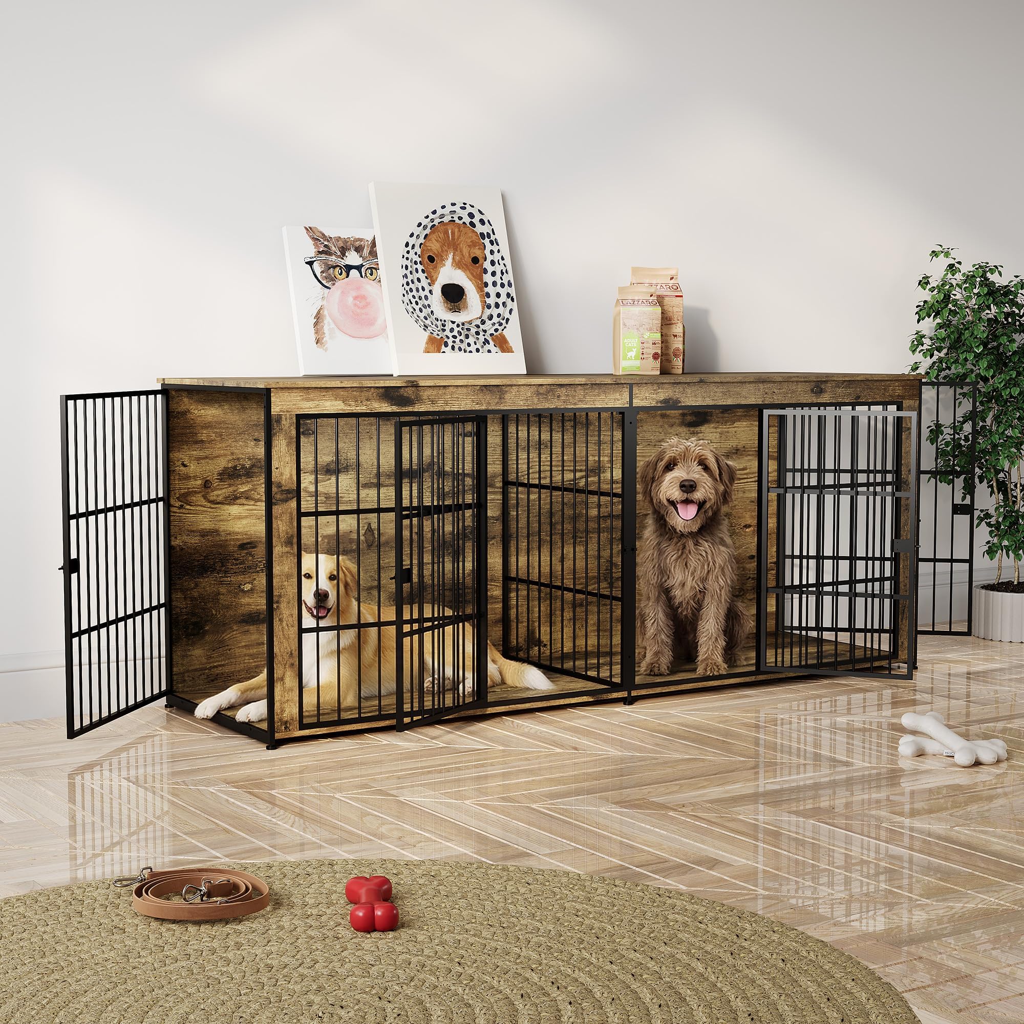 94.5" Dog Crate Furniture, Dog Kennel Furniture with Divider, Lockable, Wooden Crate TV Stand End Table for Large Medium Dogs, Rustic