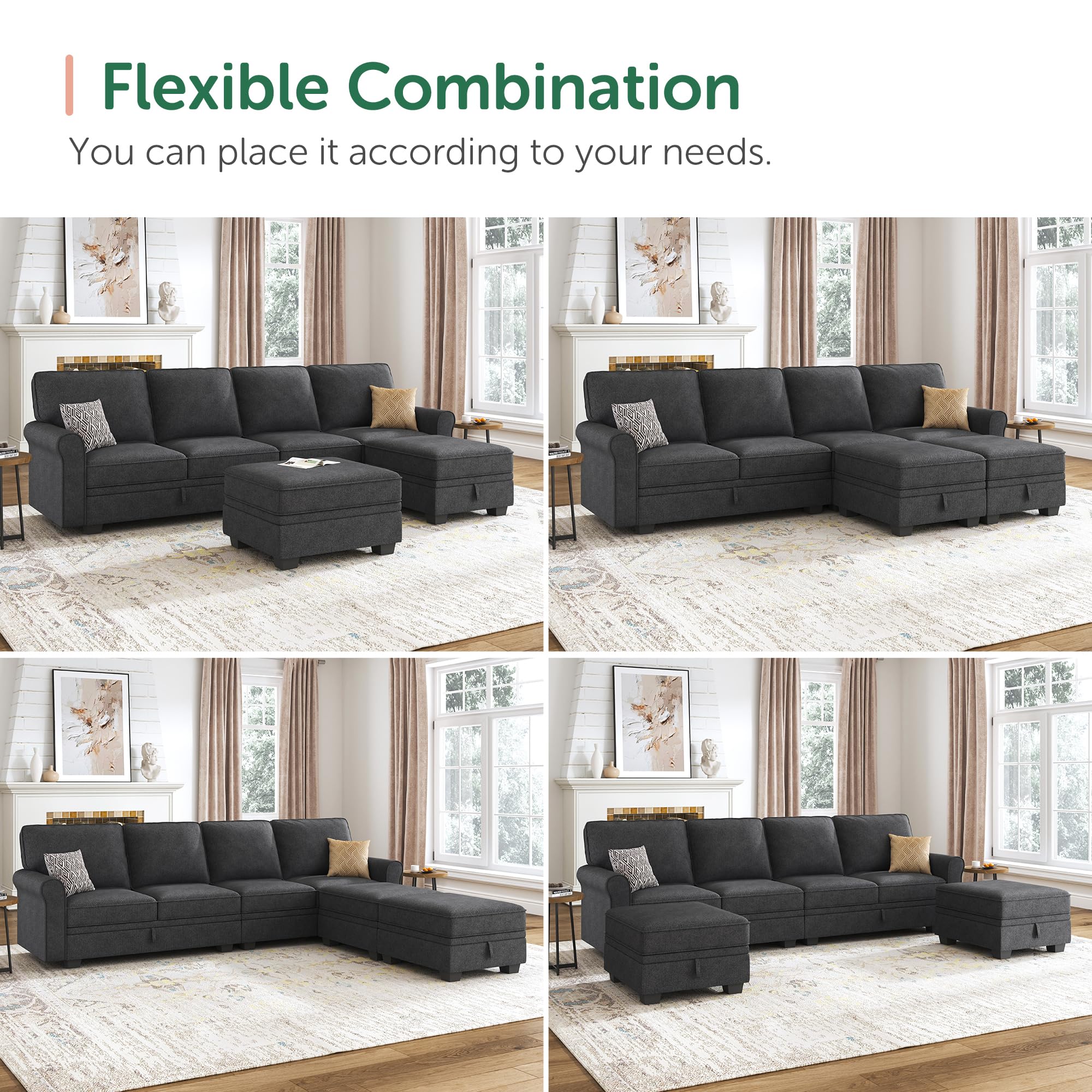 HONBAY Sectional Sofa with Storage Seat U Shaped Sectional Couch with Reversible Chaise Convertible Sectional Couches for Living Room,Dark Grey