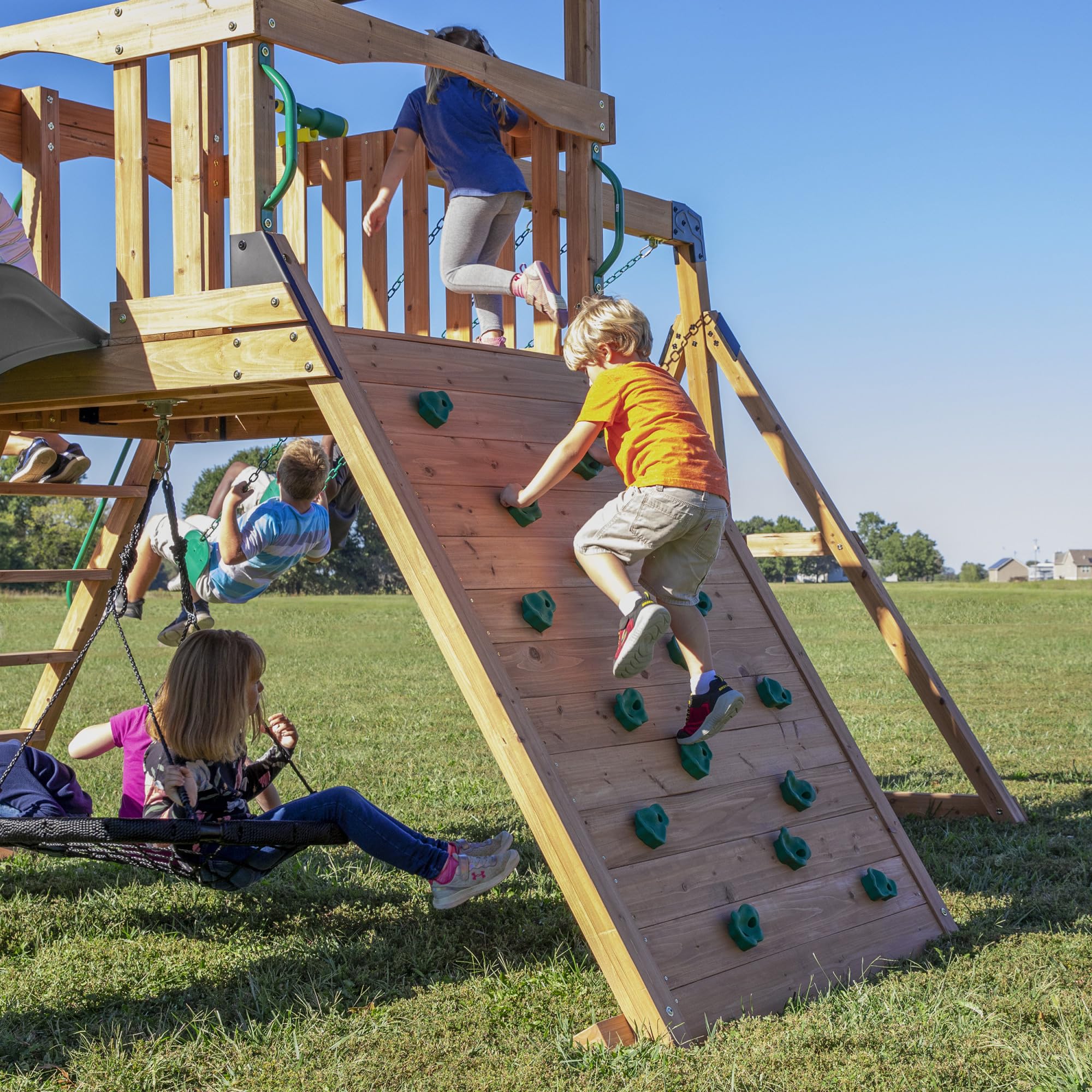 Backyard Discovery Endeavor Cedar Wood Swing Set with Wave Slide, Play Deck, Double Rock Wall, Rope Ladder, Climbing Wall, Belt Swings, 40-Inch Web Swing, Step Ladder, Toy Telescope, Outdoor Playset