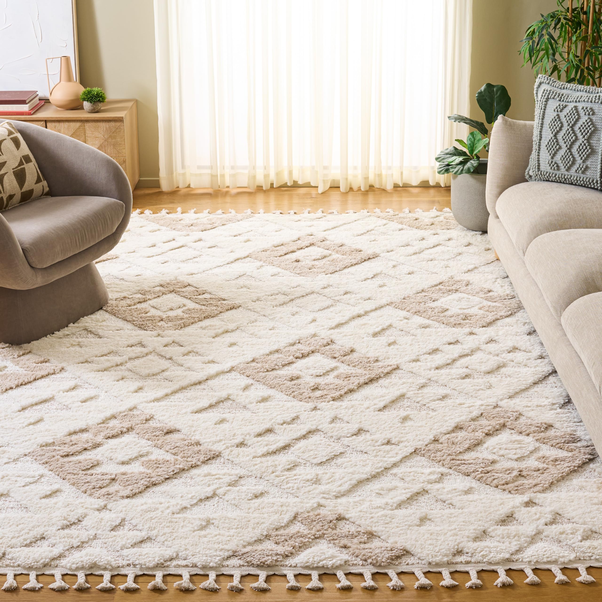 SAFAVIEH Area Rug 8x10 - Moroccan Tassel Shag Collection - Large - Ivory & Beige, Non-Shedding & Easy to Clean, Plush High-Low Texture, Ideal for Living Room, Bedroom, Dining Space (MTS688B)