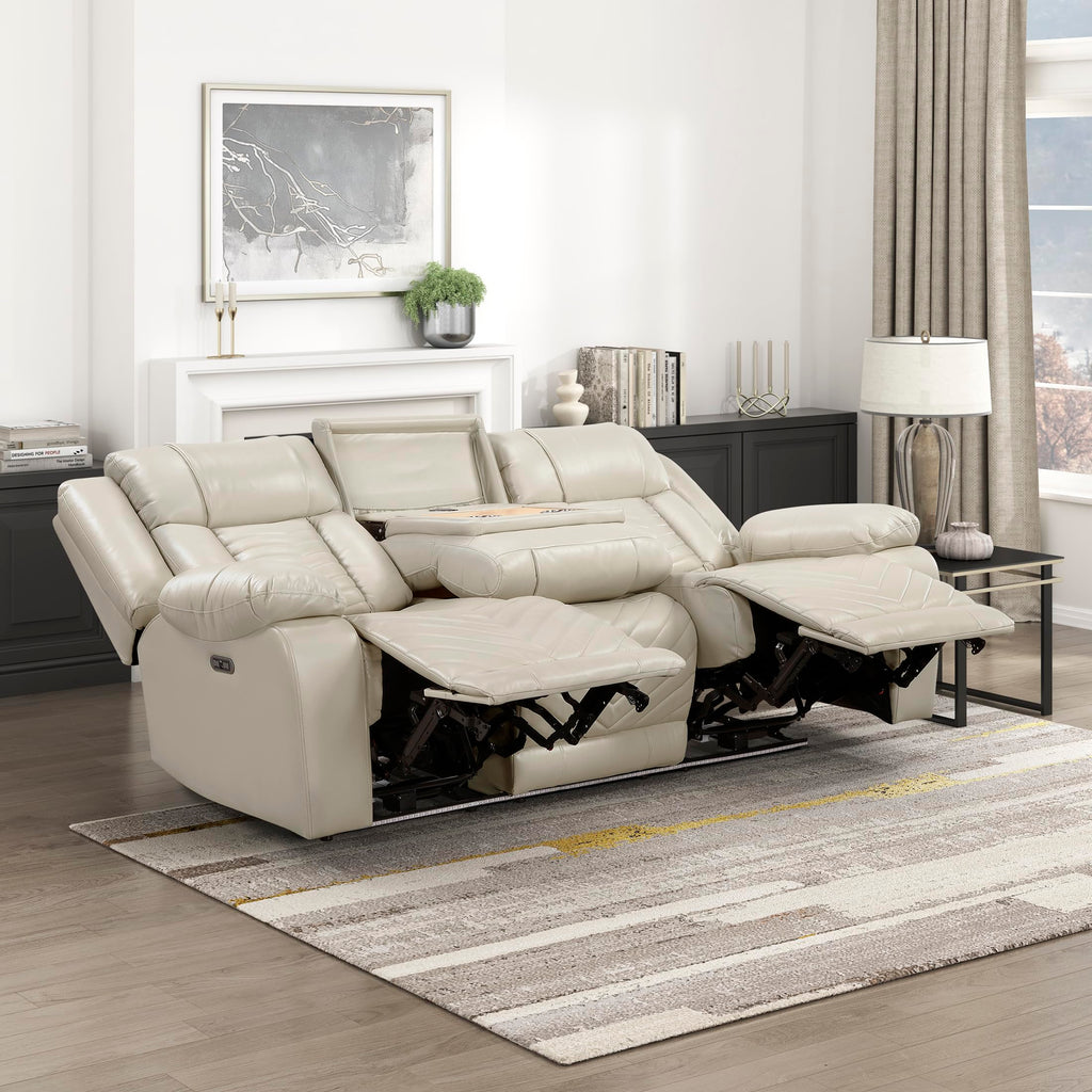 Lexicon Wall Hugger Power Double Reclining Sofa with Center Drop-Down Table, Faux Leather Home Theater Seating with LED Lighting/USB Charging Ports/Wireless Charger/Cup Holders, Magazine Pocket, Beige