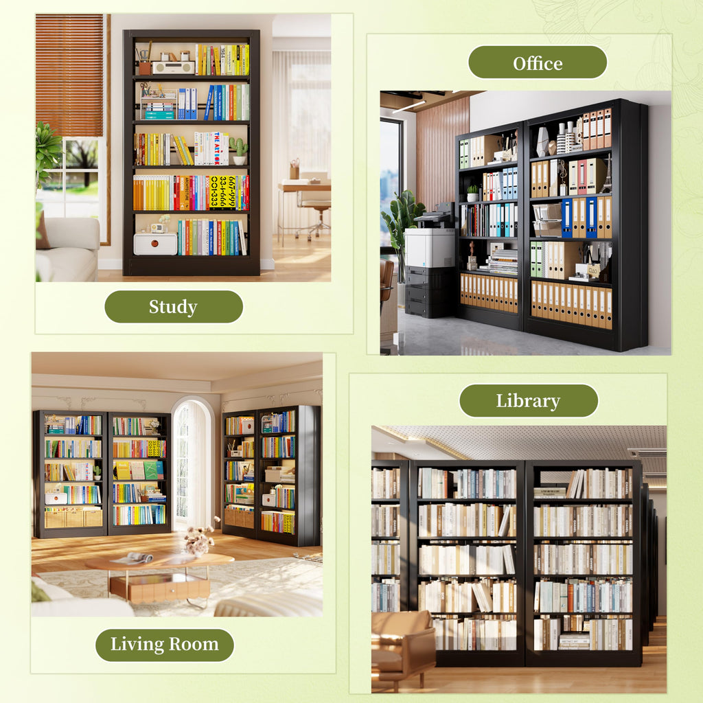 OpolQif Bookshelf, 71" H Tall Black Bookcase, 5-Tier Bookcase Metal Sturdy Bookshelf with Adjustable Shelves,Heavy Duty Book Cases for Living Room, Library, School, Study, Home Office(Black, 73" W)