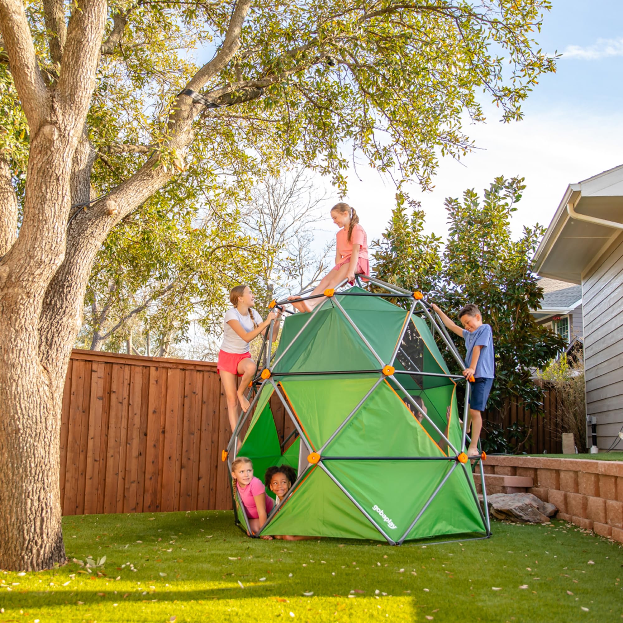 gobaplay Summit Pro Climbing Dome with Tent, 600 lb Capacity, Green - Outdoor 7.5' Non-Slip Rock Climber, Backyard Playset for Kids 6+