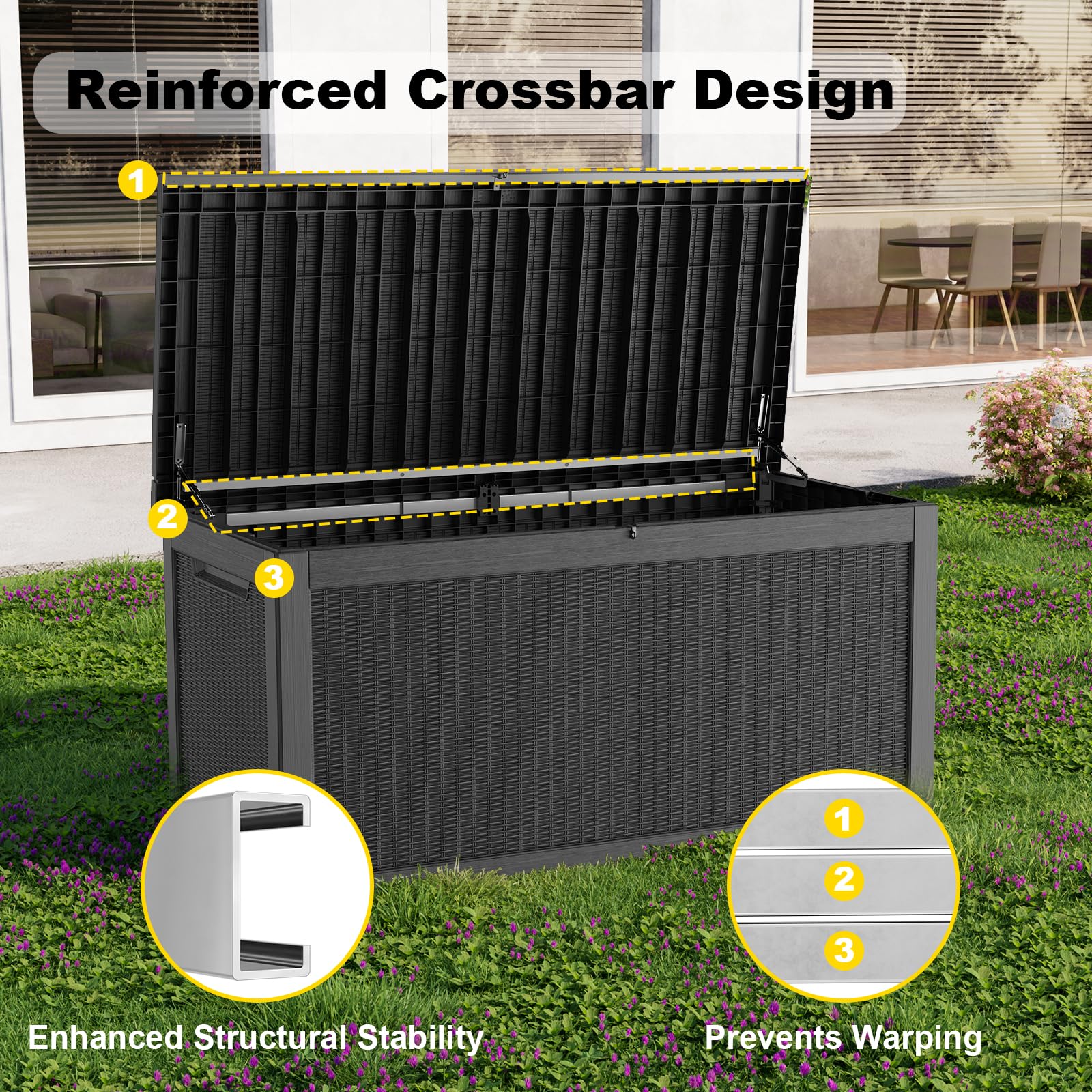 KFY 320 Gallon Waterproof Outdoor Storage Box, UV Resistant Resin Deck Box with Hydraulic Rod for Reinforced Stability, Perfect for Patio, Garden, and Pool（Black，320 Gallon）