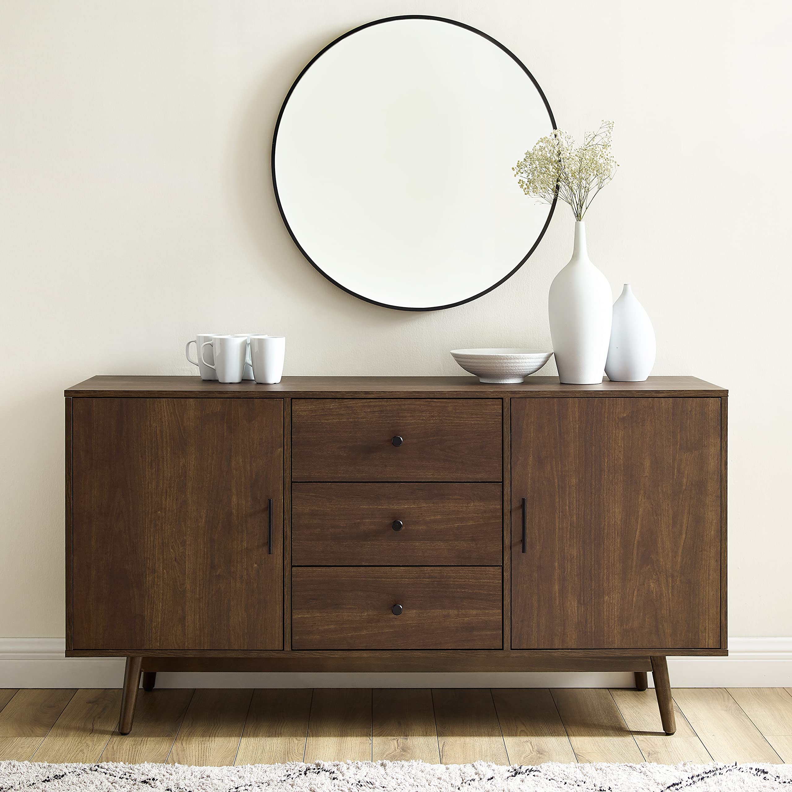 Crosley Furniture Lucas Mid Century Sideboard Buffet Cabinet with Storage, Brown