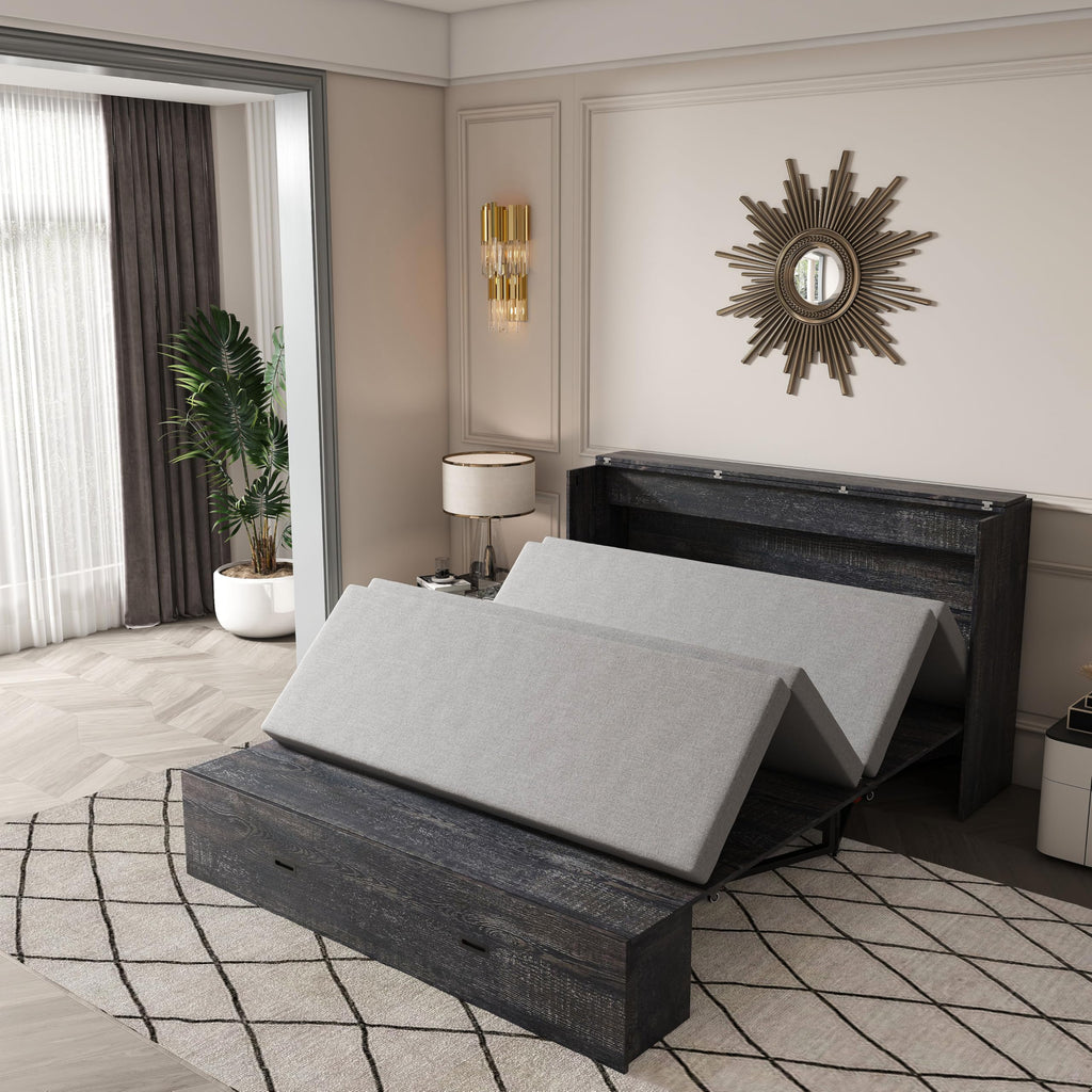Bellemave Full Murphy Bed with Mattresses and Charging Stations and Storage Drawer, Farmhouse Murphy Cabinet Bed with Foldable Panel, Noisy Free, for Guest Bedroom, Living Room, Carbon Black