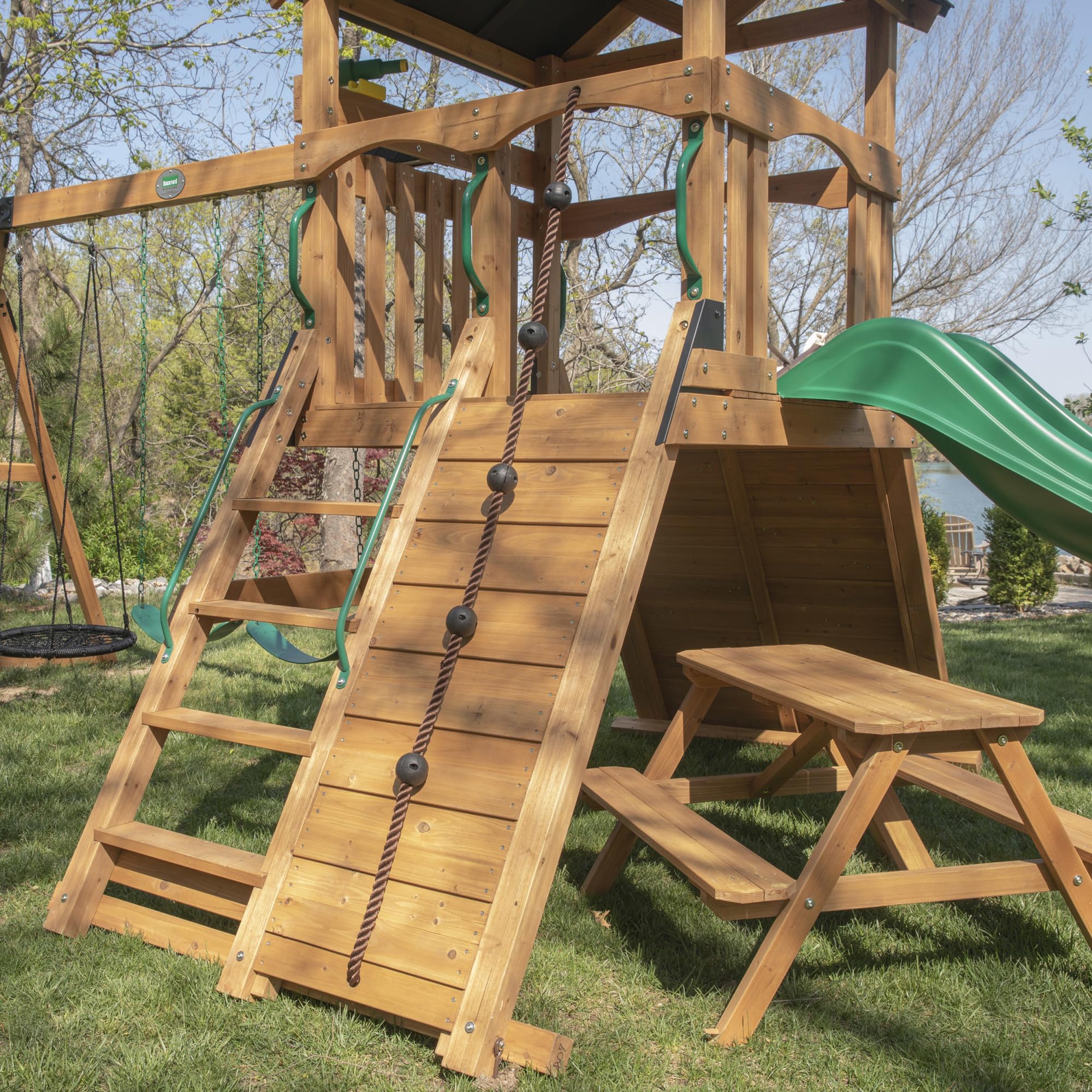 Backyard Discovery Endeavor II Cedar Wood Swing Set with Wave Slide, Play Deck, Double Rock Wall, Picnic Table, Climbing Wall, Belt Swings, Web Swing, Toy Telescope, Step Ladder, Outdoor Playset