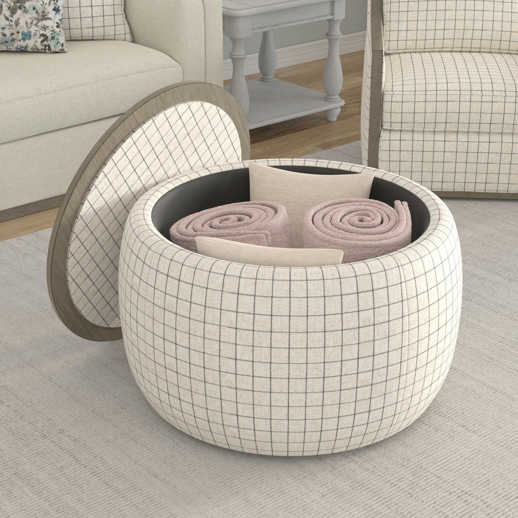 GDFStudio 34" Round Storage Ottoman Bench with Reversible Lid, Upholstered Fabric Ottoman Foot Stool, Large Round Ottoman with Storage for Living Room Bedroom Entryway No Assembly, Charcoal Windowpane