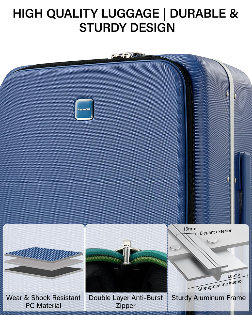 Hanke 28 Inch Top Opening Hard Shell Checked Luggage, PC Aluminum Frame Large Trunk Luggage with Cup Holder & USB Ports, TSA Lock, 8 Silent Spinner Wheels, Removable Divider, Interstellar Blue